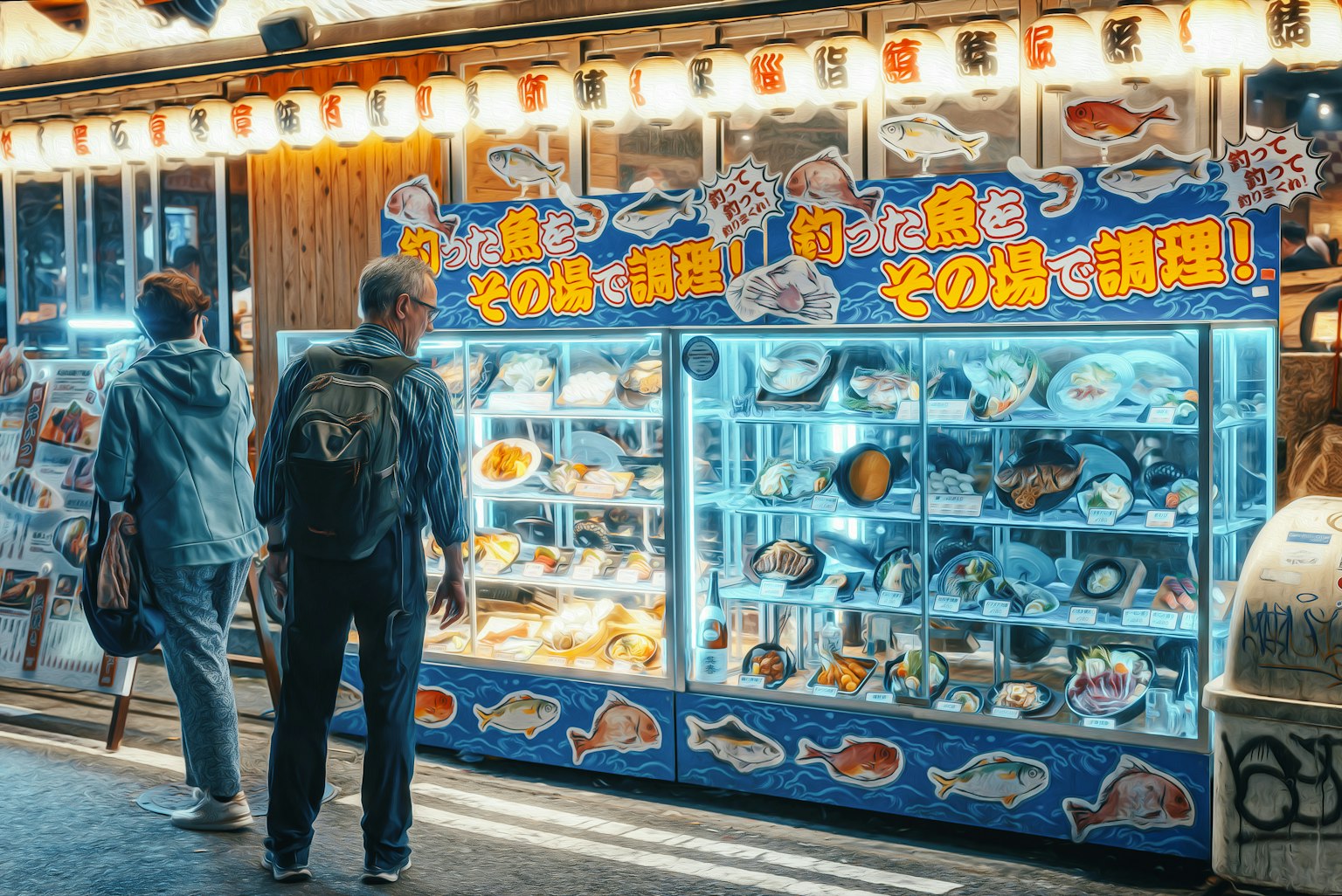 Two people looking at a sushi display illuminated by blue lights