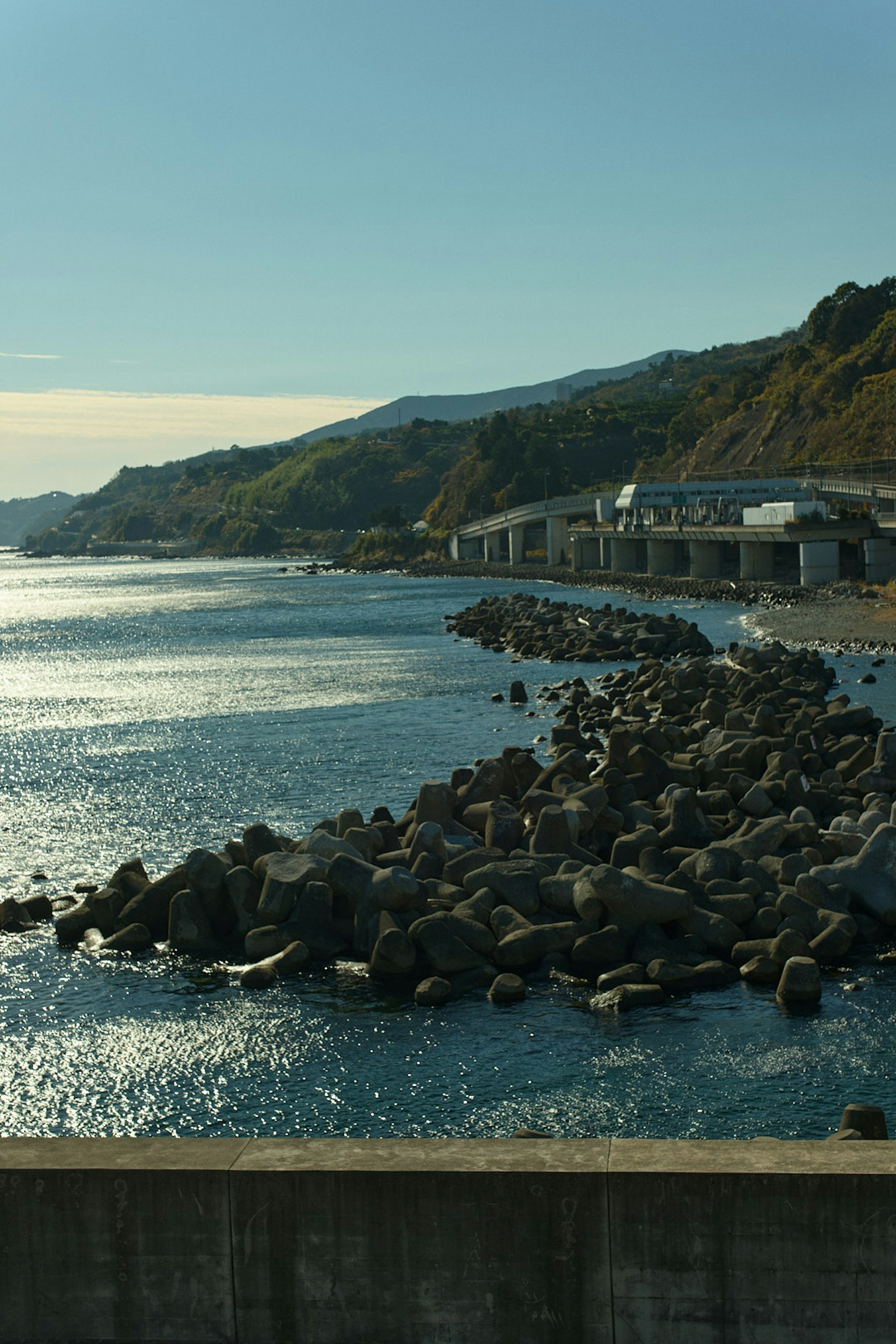 Vista costiera con una riva rocciosa e acqua calma