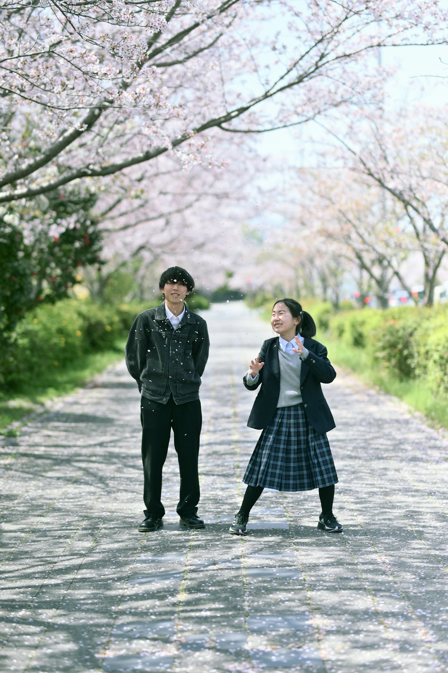 Deux étudiants se tenant sous des cerisiers en fleurs Garçon en uniforme noir Fille en jupe à carreaux