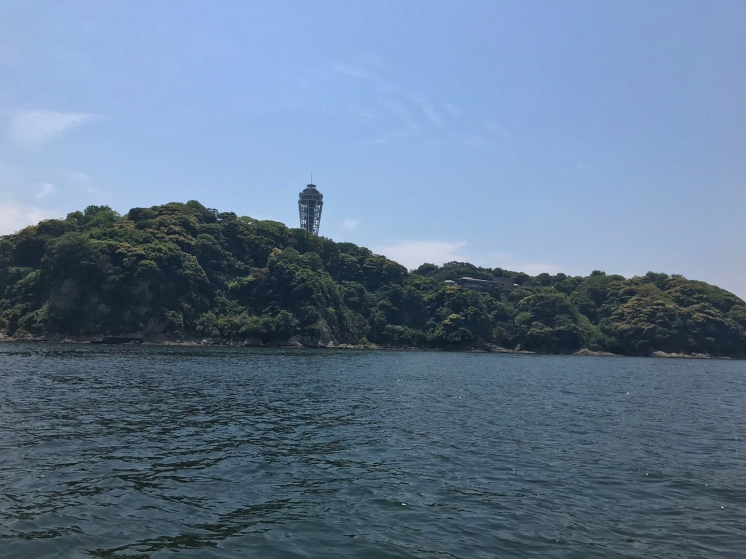 绿意盎然的岛屿和背景中的灯塔的风景