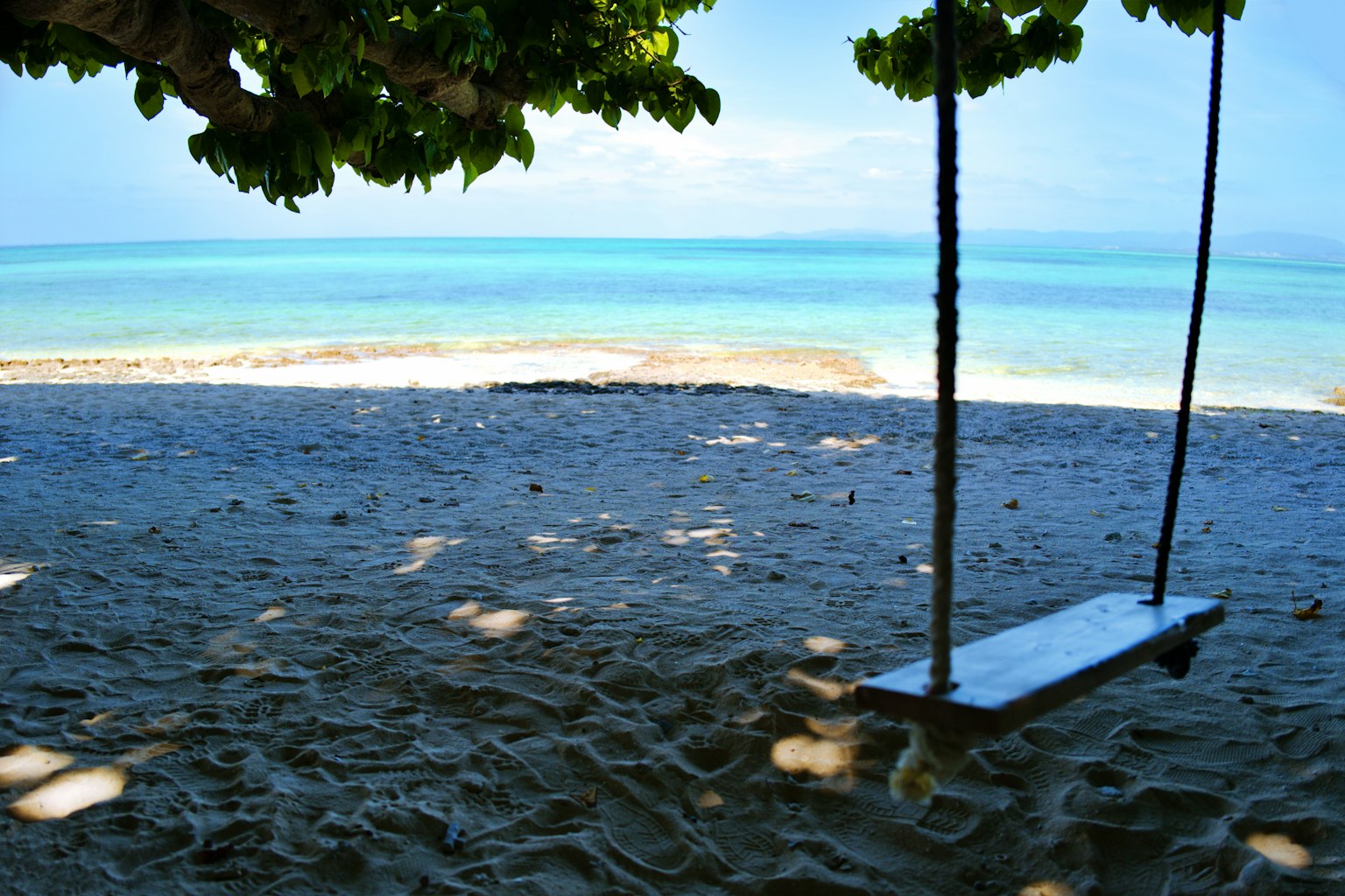Swing hanging on a beach with turquoise water and white sand