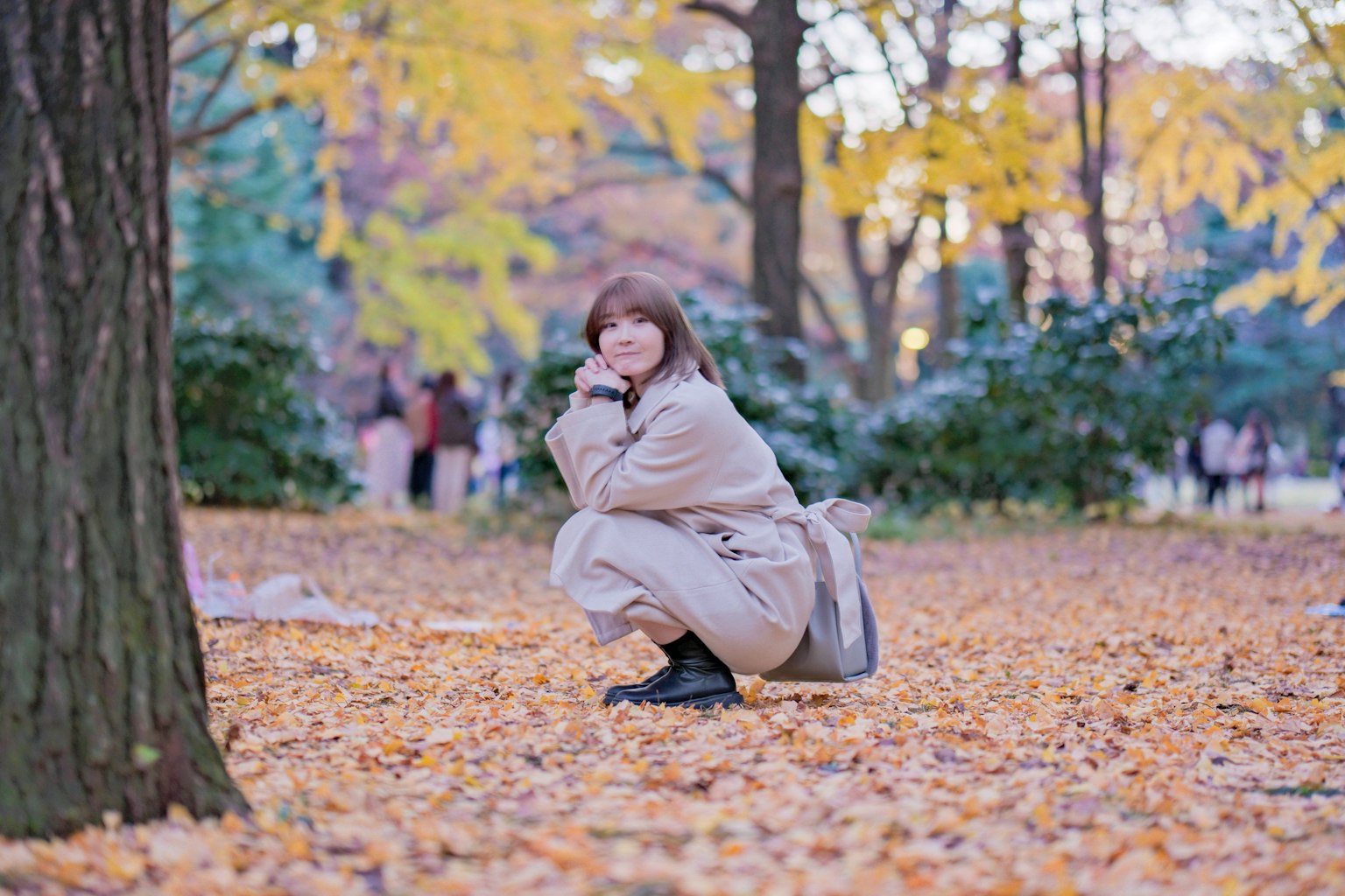 Woman squatting in a park surrounded by yellow leaves