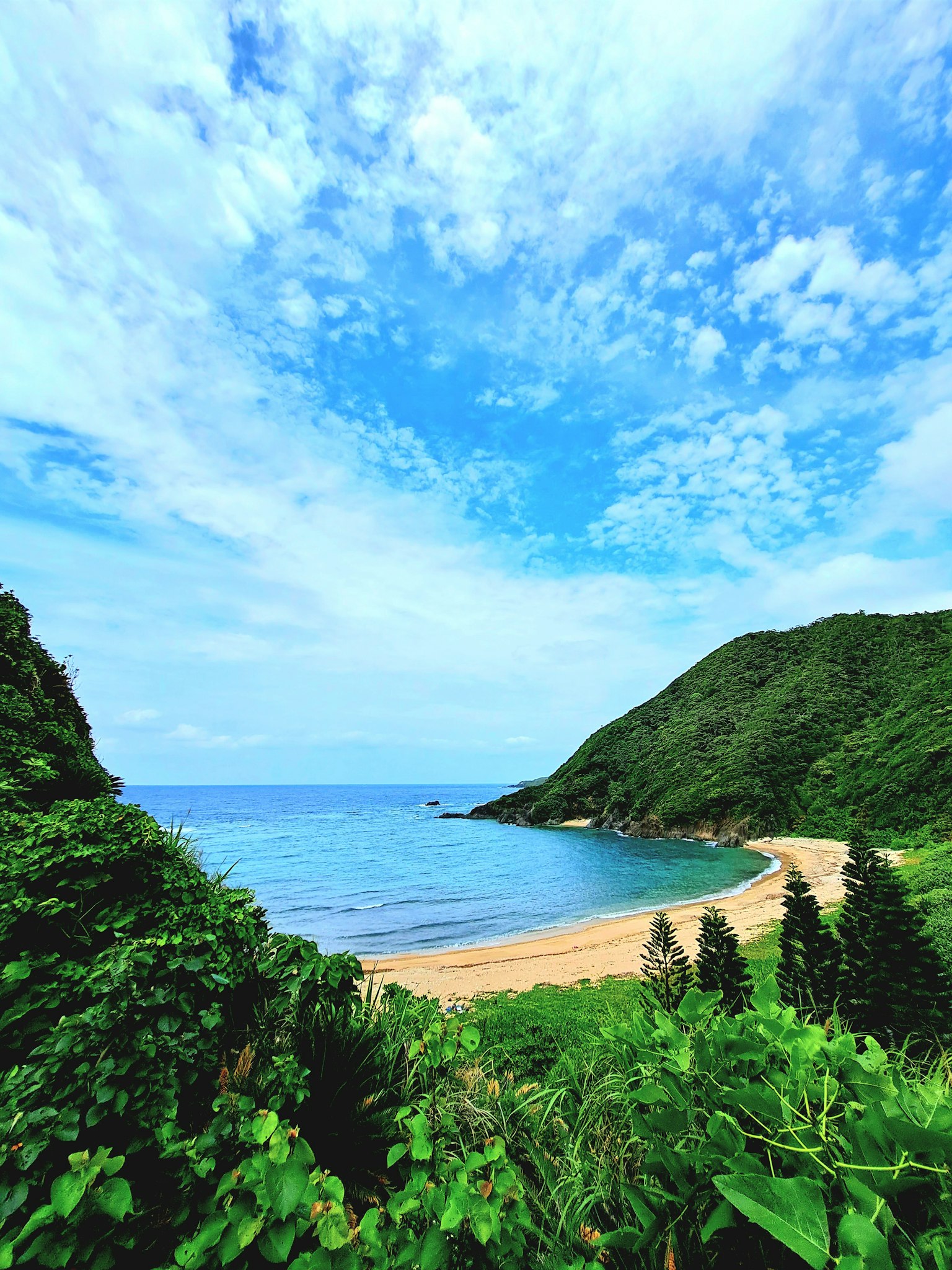 美麗的海灘景觀，四周環繞著藍天和綠色山丘