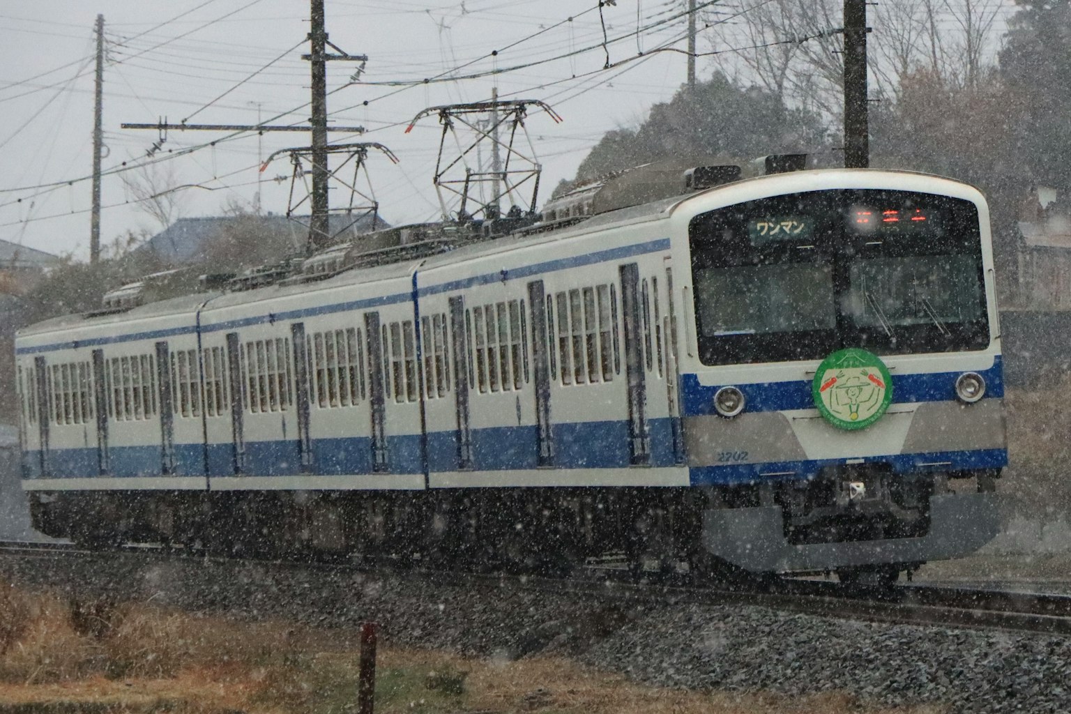 在雪中行駛的藍白火車 鄉村風景