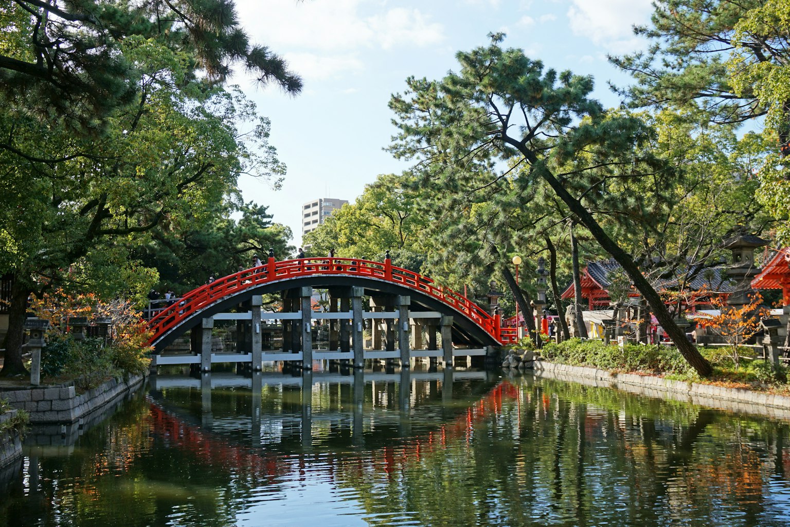 ทิวทัศน์ที่สวยงามของสะพานสีแดงข้ามบึงสงบในสวนที่มีความเขียวขจี