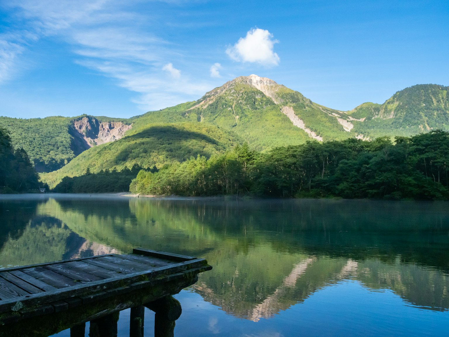 Danau tenang dengan pegunungan hijau subur di latar belakang