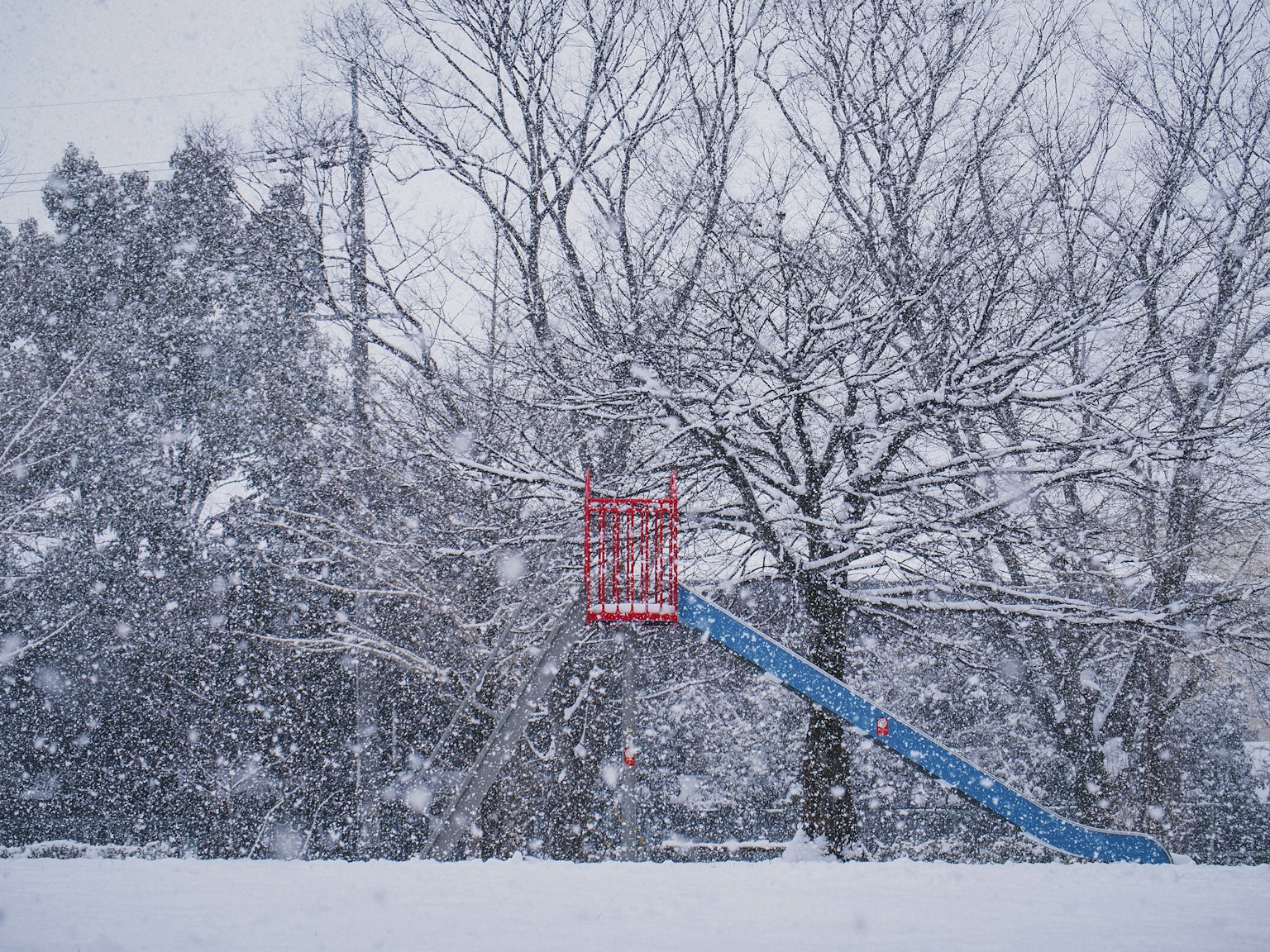 雪中的公園滑梯和樹木
