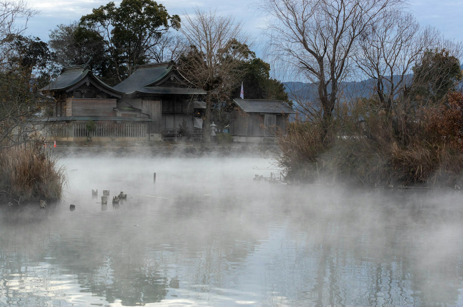 Misty view of a tranquil pond with an old building