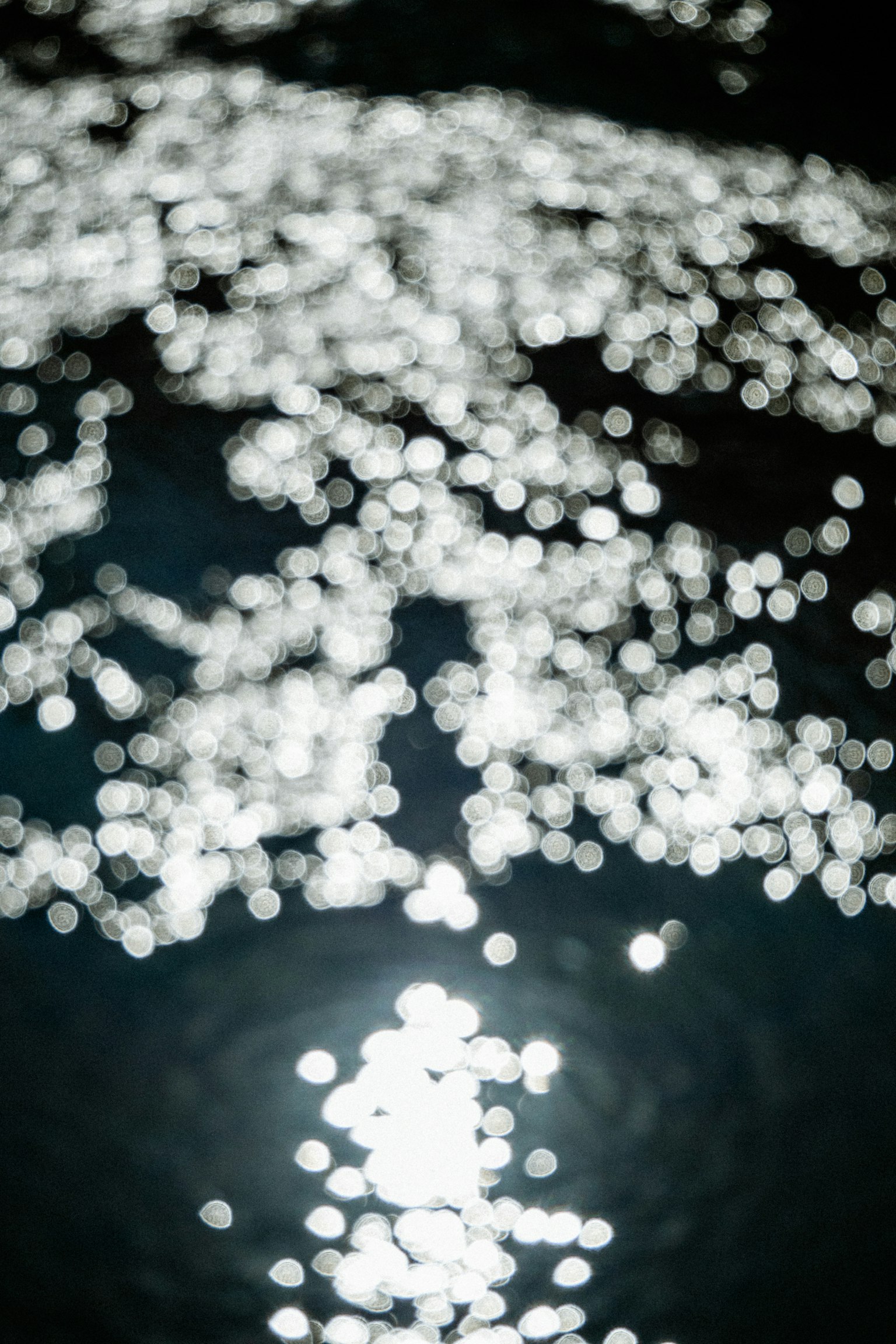 Surface d'eau floue avec des reflets de lumière éparpillés