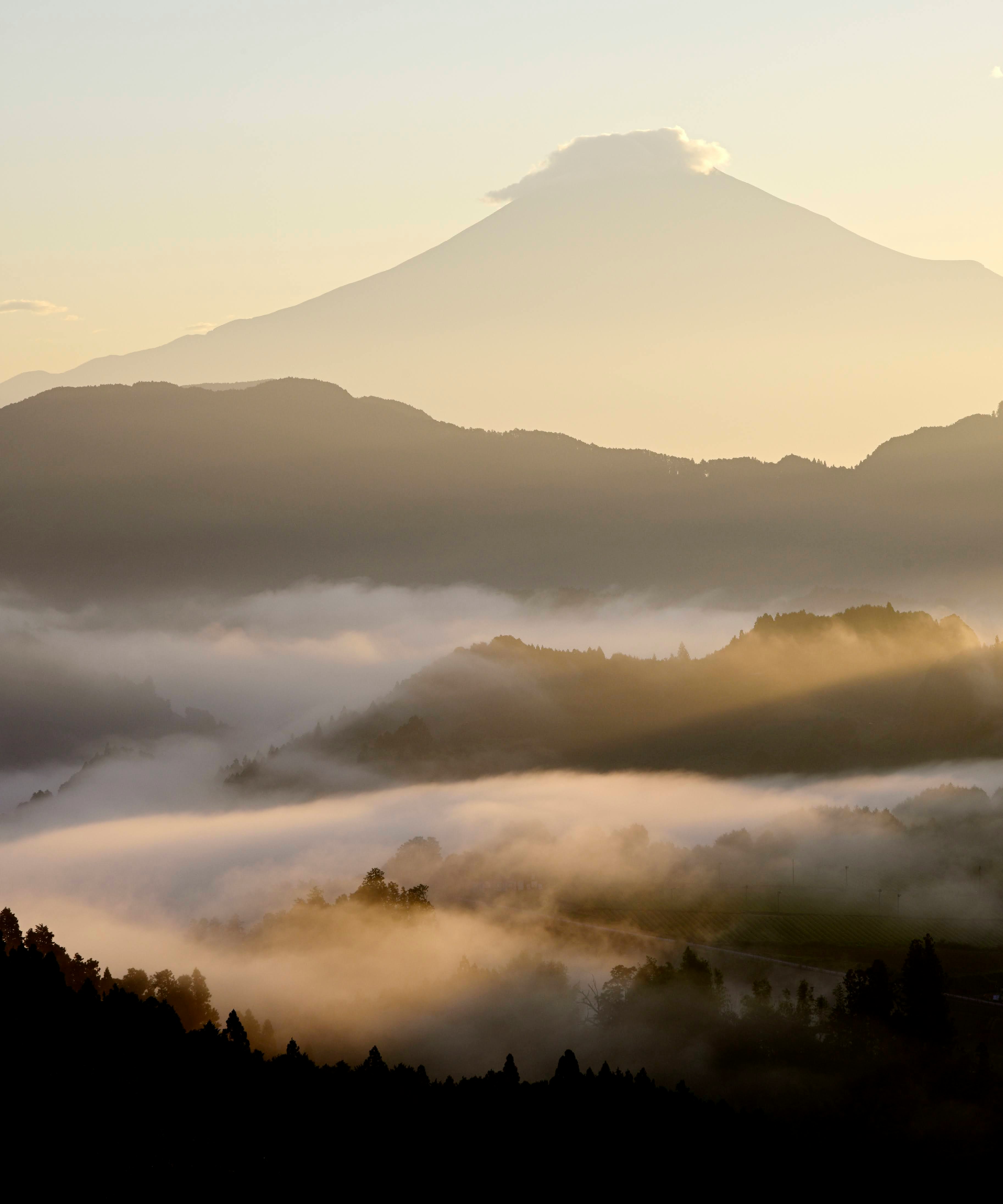 霧に包まれた山並みの朝景色