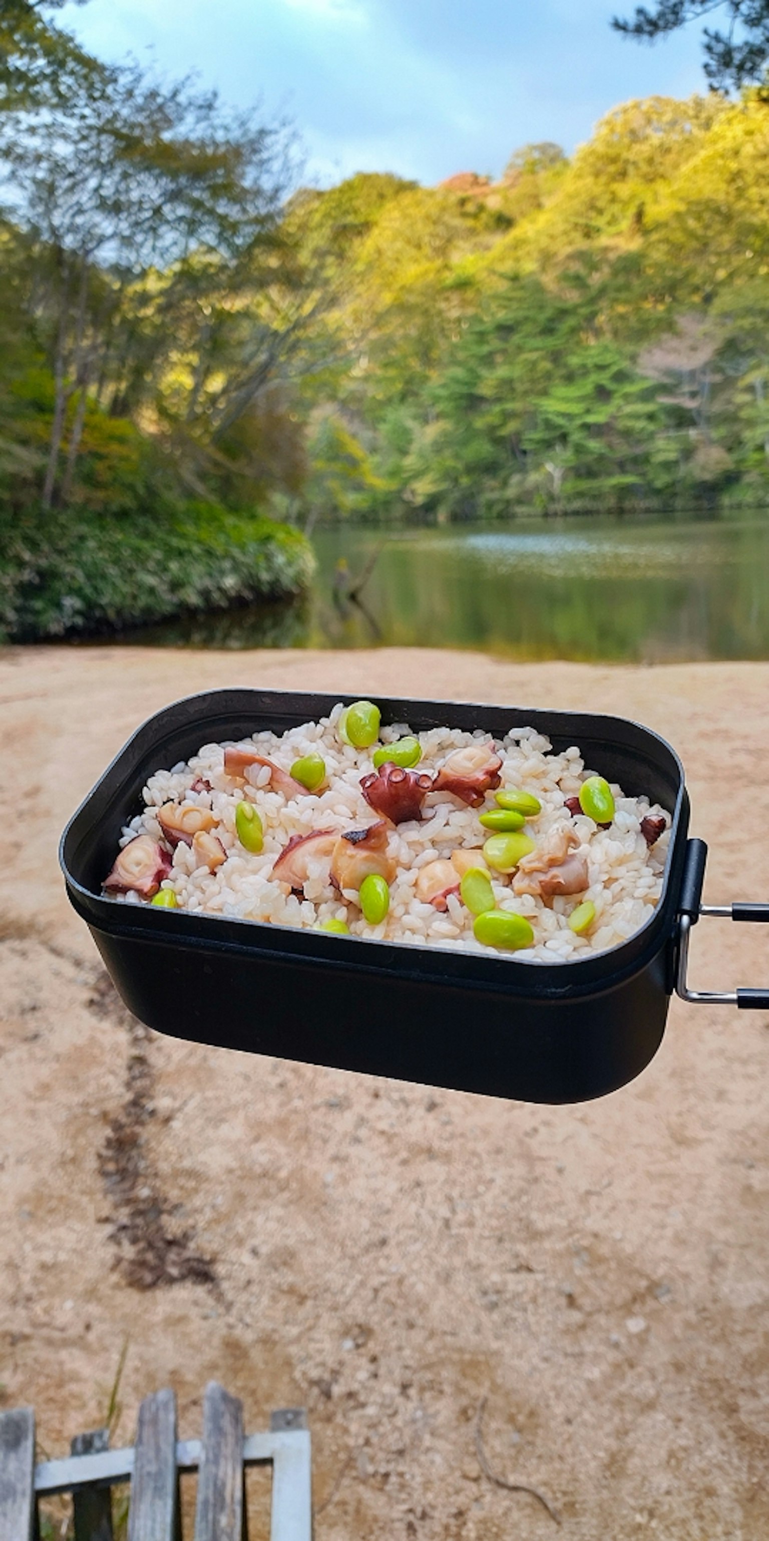 Nasi lezat dalam wadah hitam di depan danau yang indah