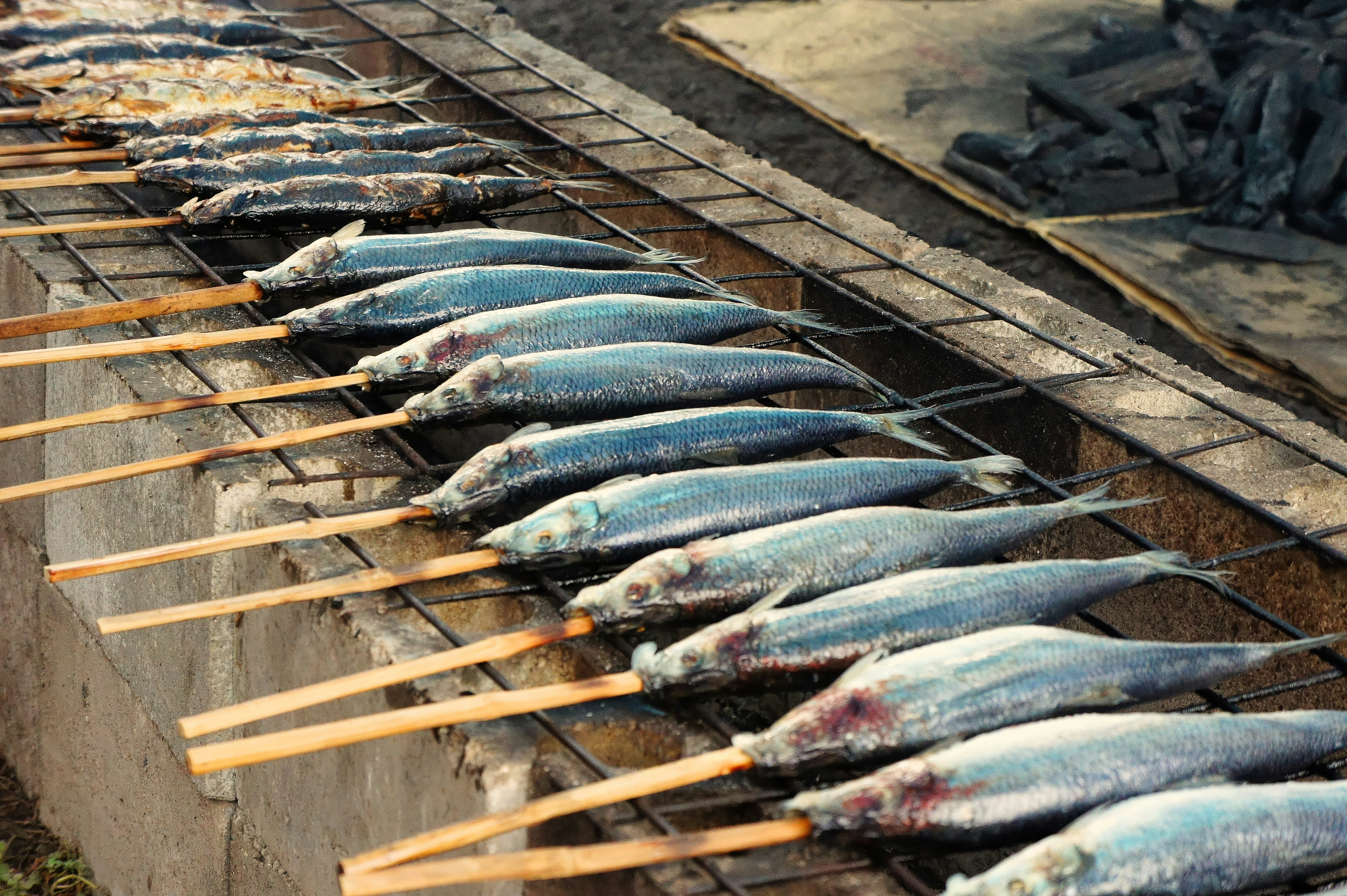炭火で焼かれる串刺しの魚のグリル画像
