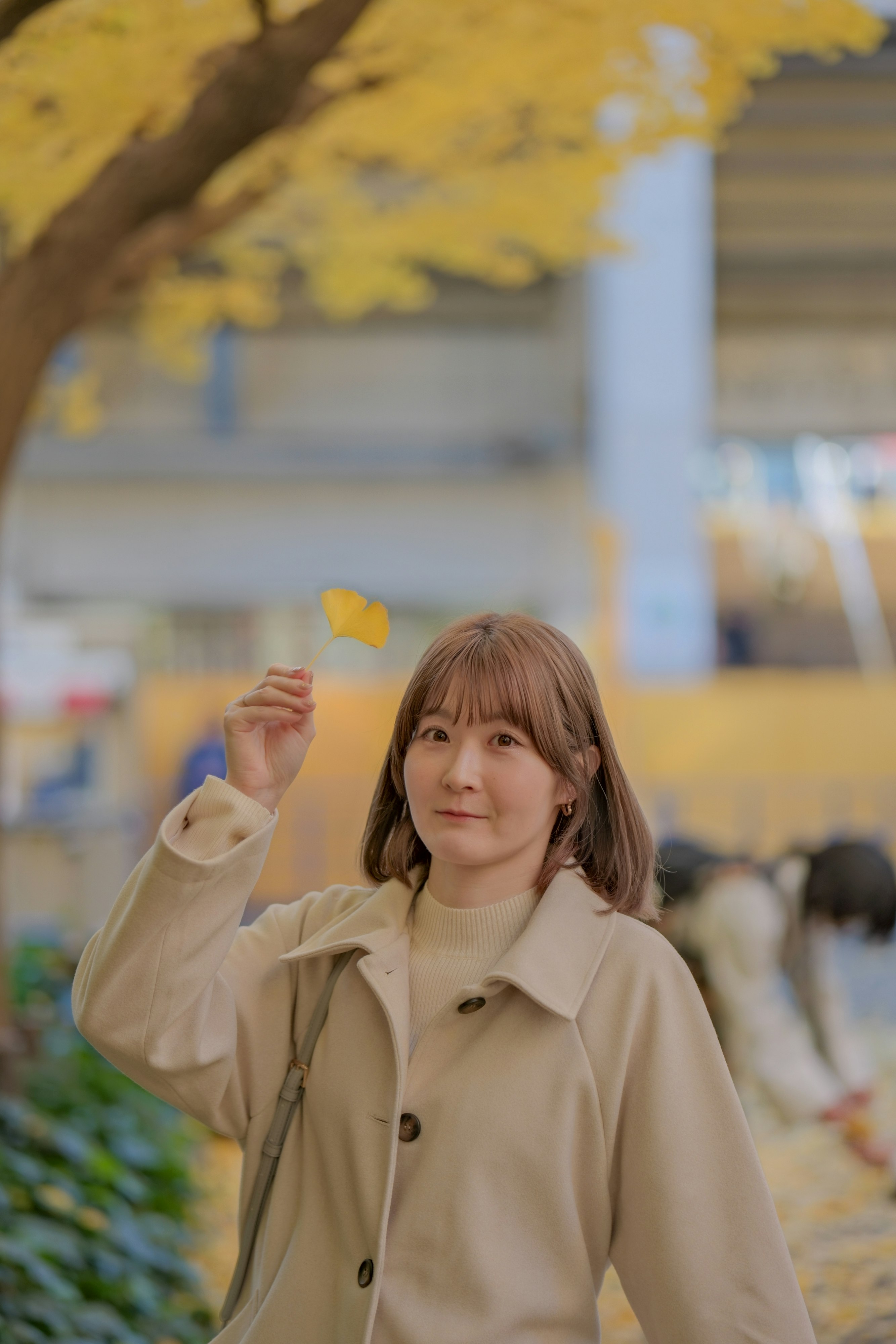 黄色い木の葉の並木道でポーズする女性