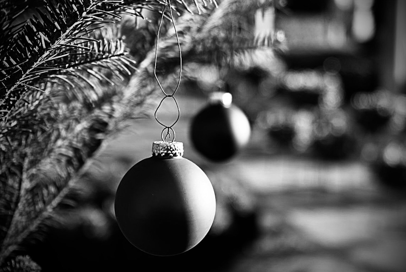 Schwarz-weiße Weihnachtsbaumornamente, die an den Ästen hängen