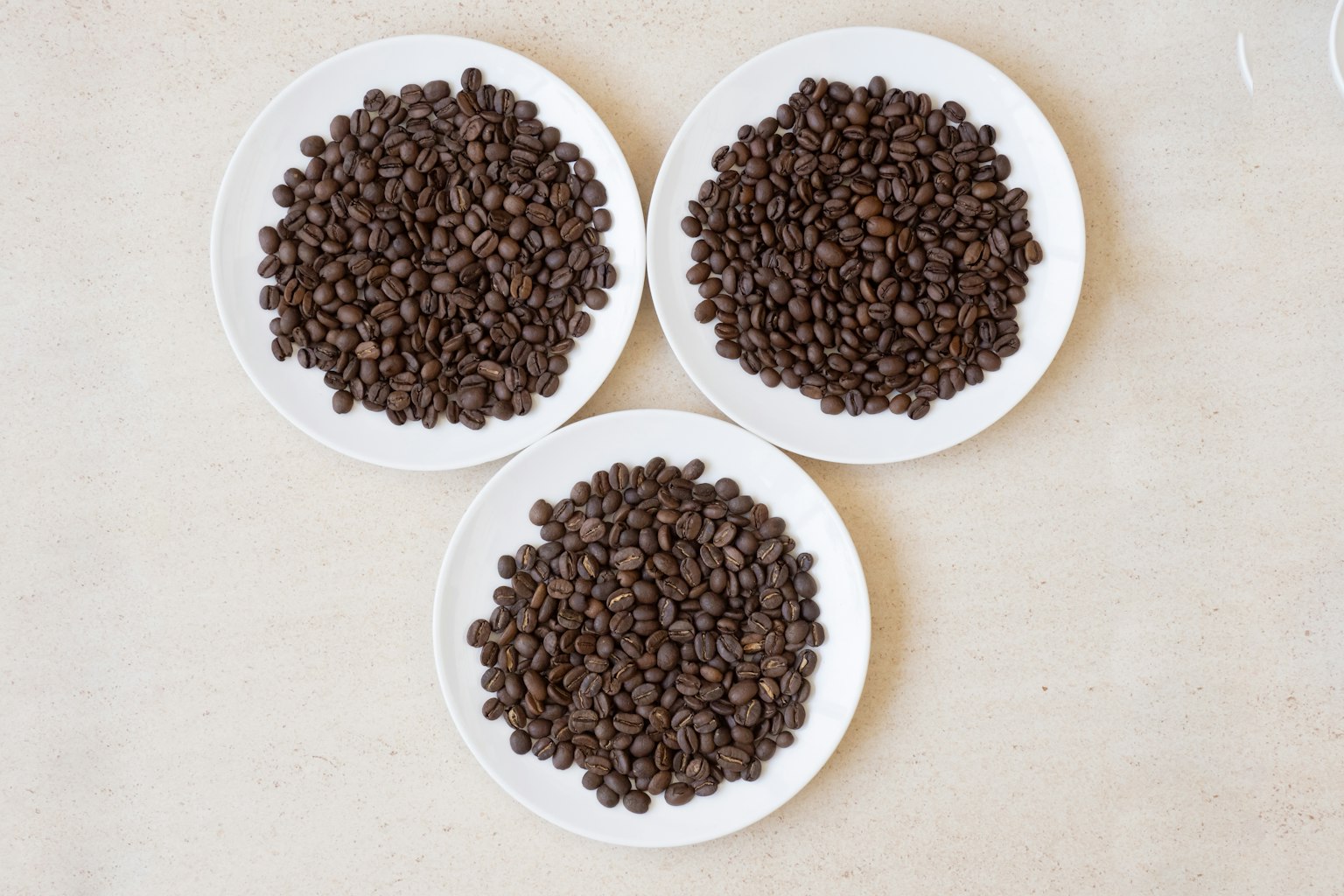Photo de grains de café disposés sur trois assiettes blanches