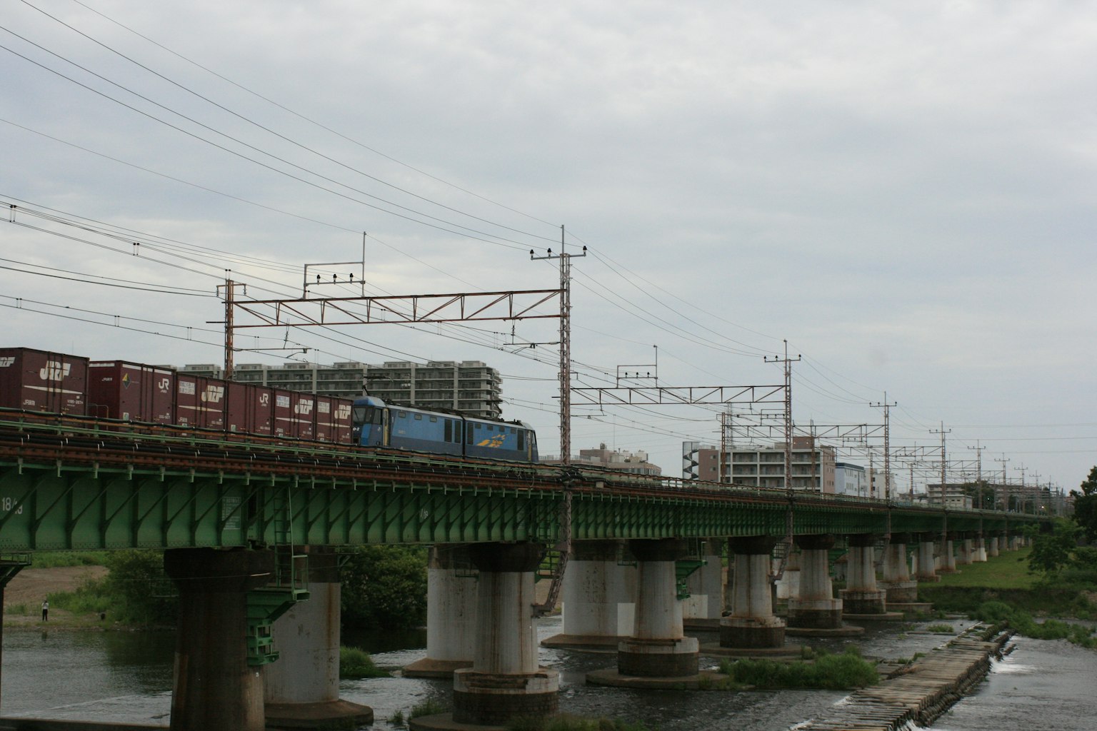 Tren de carga en un puente ferroviario verde con cielo nublado