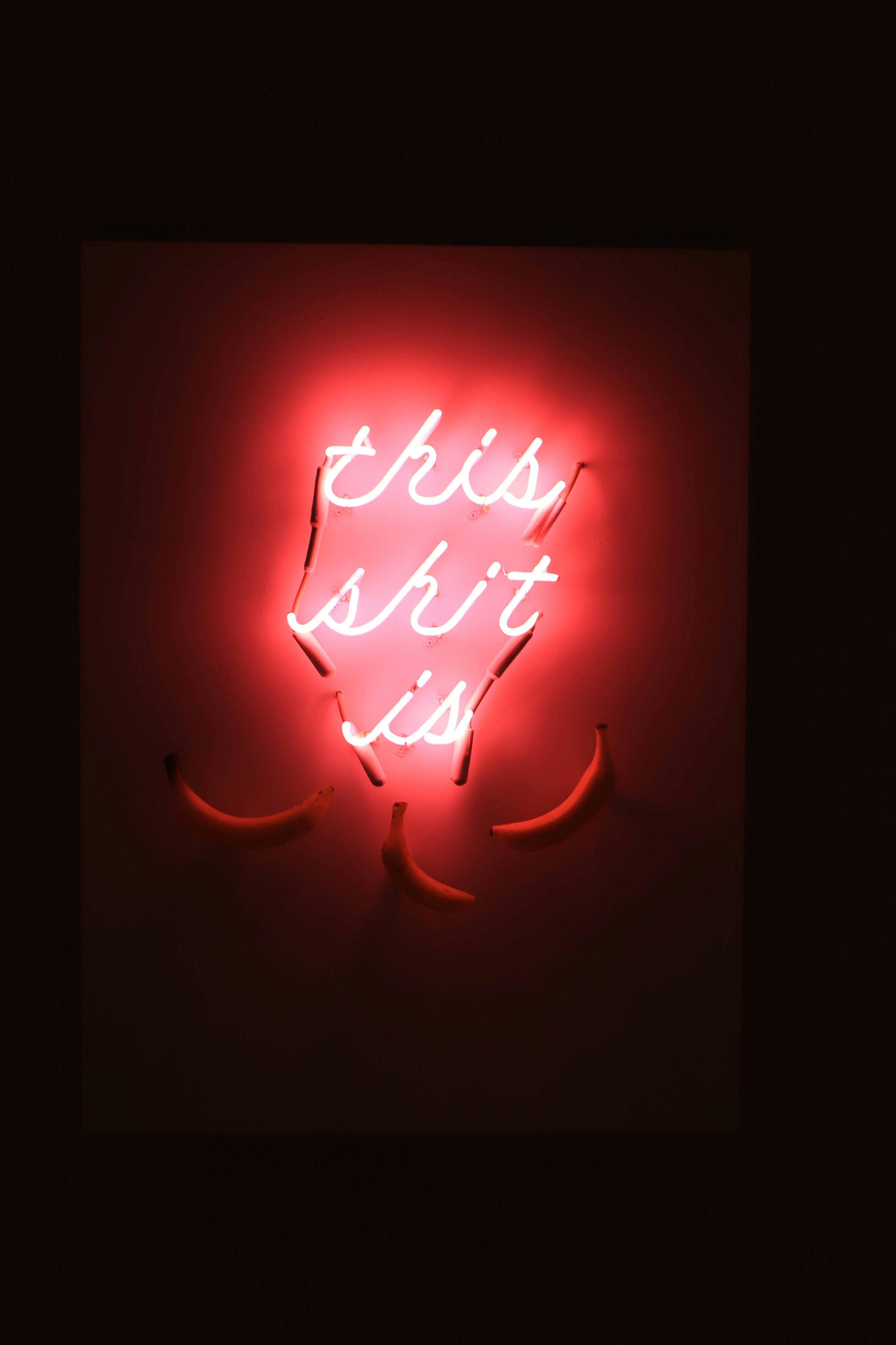 muro scuro con insegna al neon rossa “this shit is”