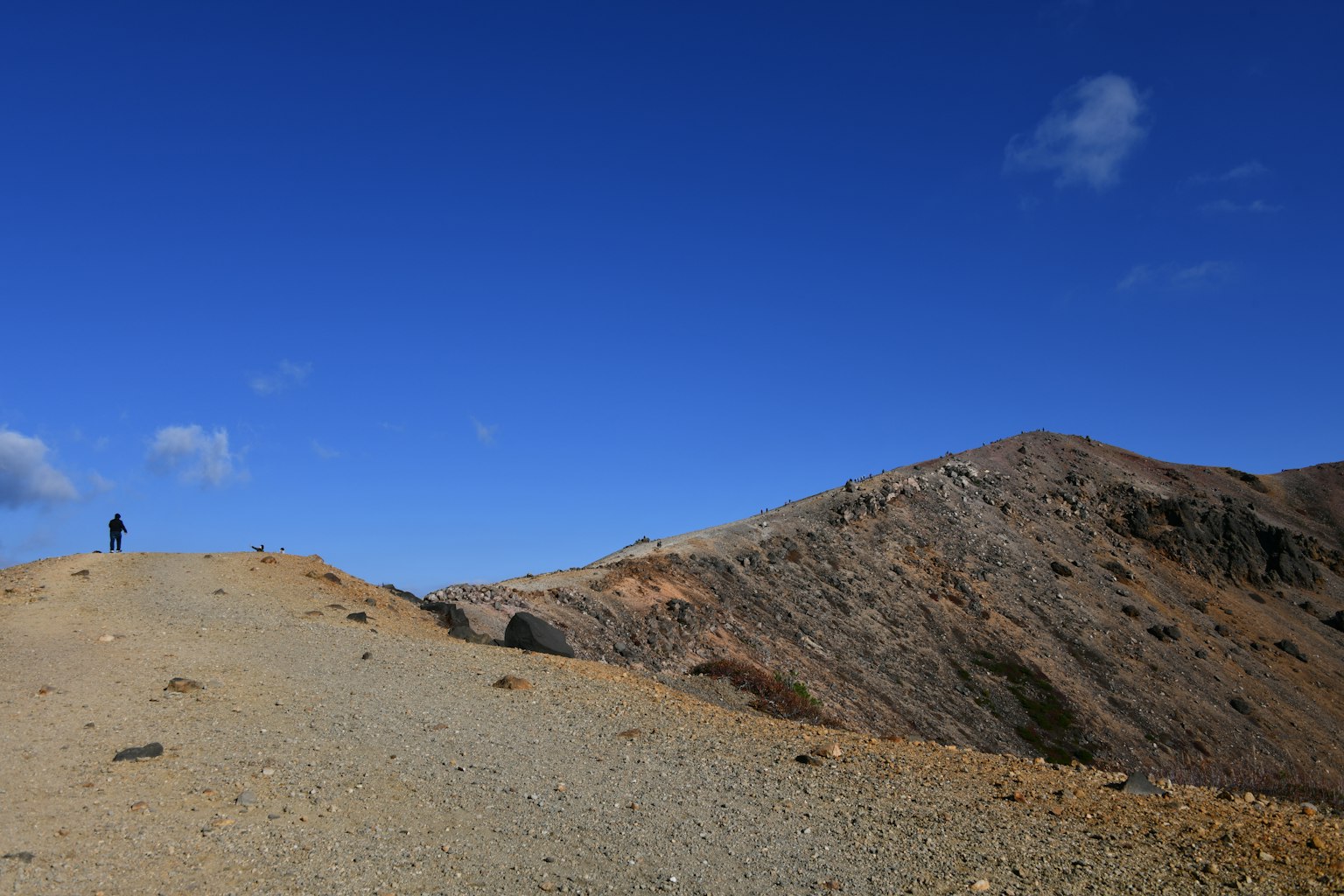 Siluet seseorang yang berjalan di sepanjang punggung gunung di bawah langit biru