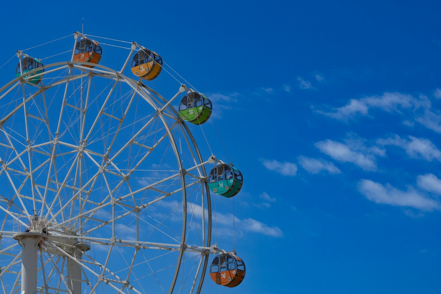 Partie d'une grande roue sous un ciel bleu avec des gondoles colorées