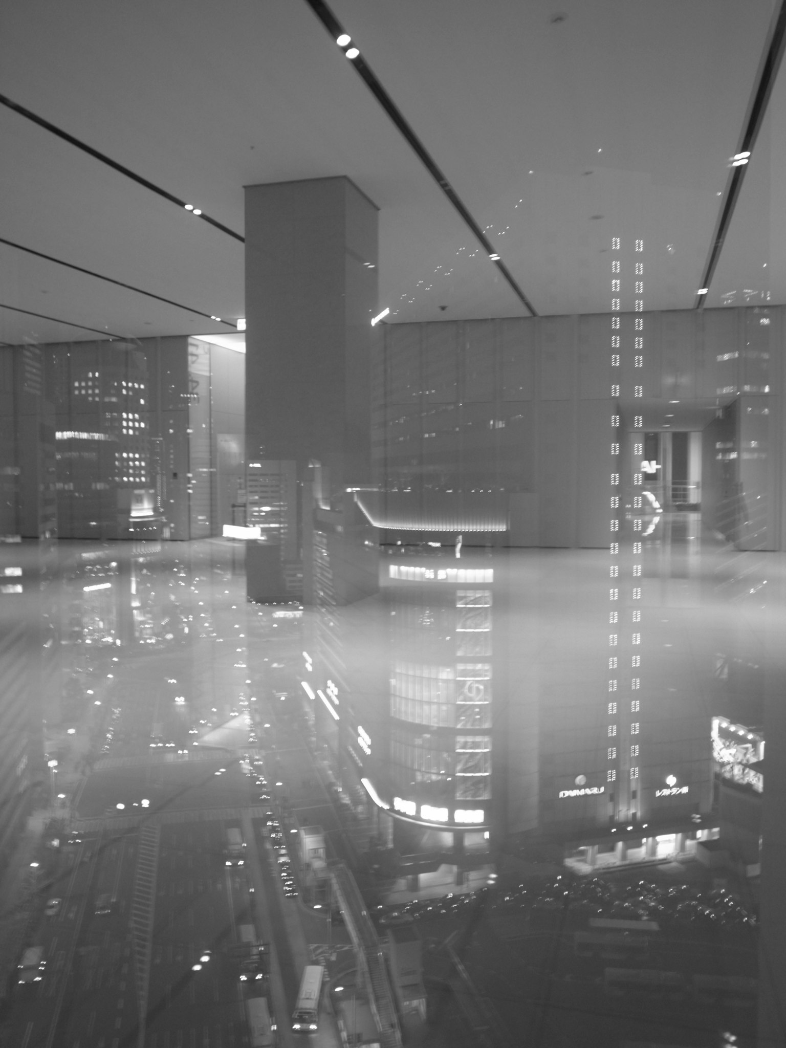 Foto in bianco e nero di grattacieli urbani con riflessi e nebbia