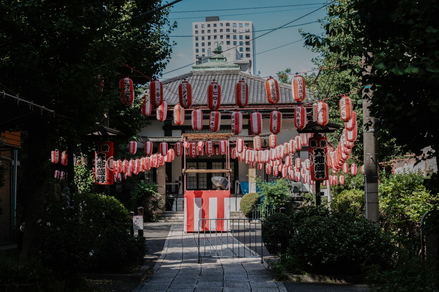 Cổng vào của một tòa nhà truyền thống Nhật Bản trang trí bằng đèn lồng đỏ