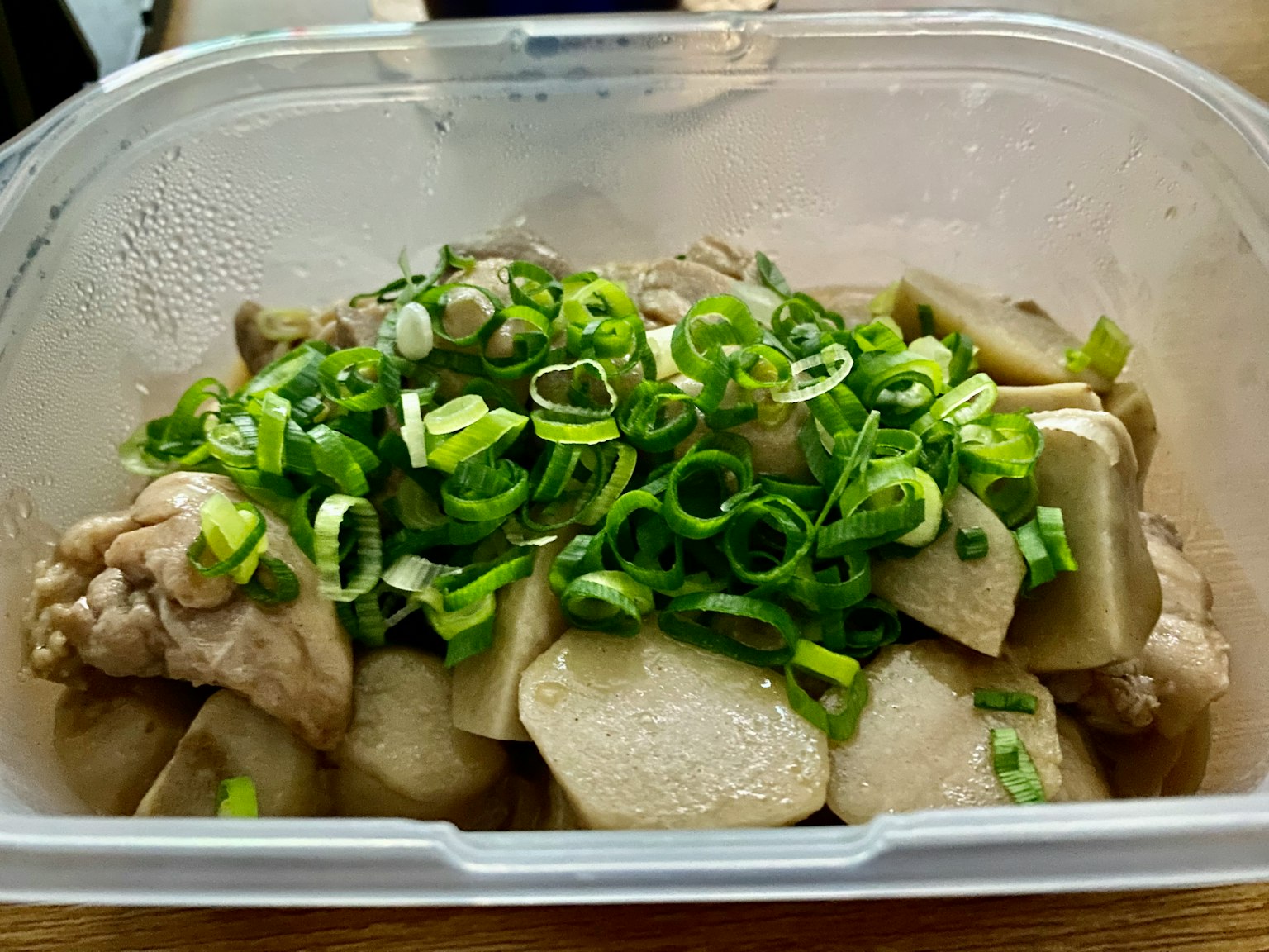 裝有雞肉和青蔥的塑膠容器中的菜餚