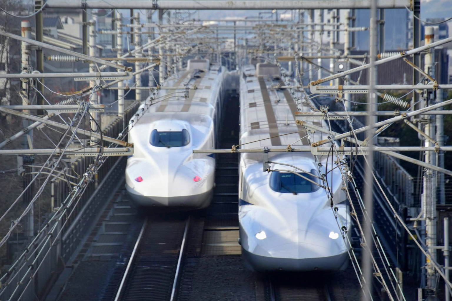 兩列新幹線列車在軌道上並行行駛