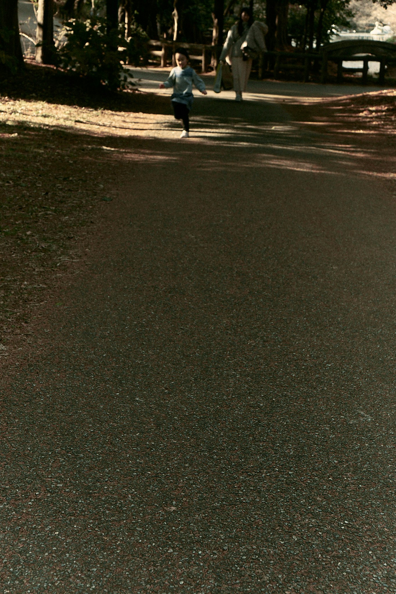 parent and child running along a park path surrounded by trees