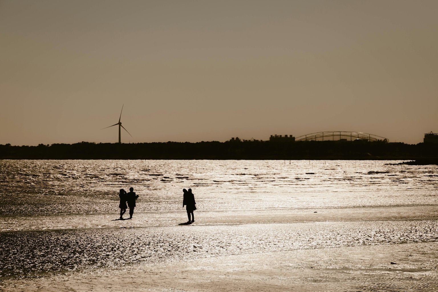 Siluetas de dos personas caminando en una playa al atardecer con un aerogenerador al fondo