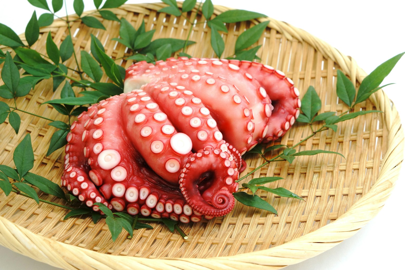 A red octopus placed on a bamboo basket with green leaves