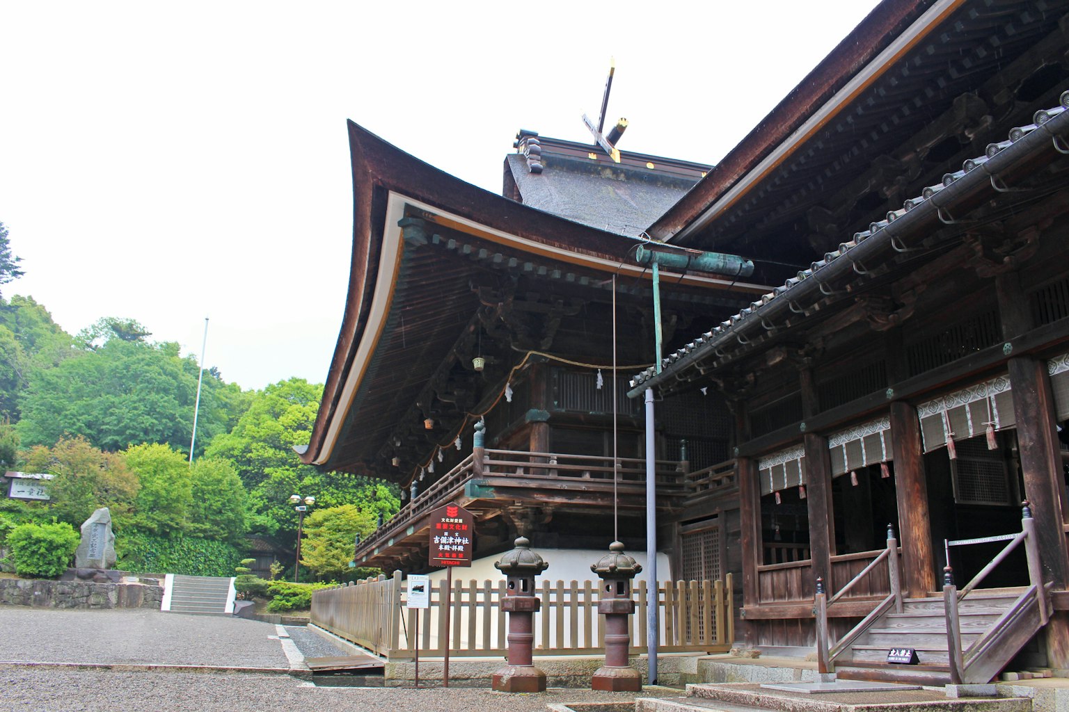 传统日本神社建筑与郁郁葱葱的绿色景观