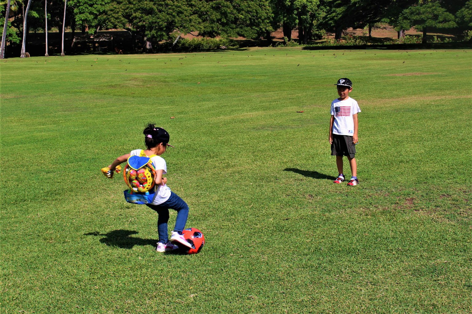 Bambini che giocano a calcio in un parco