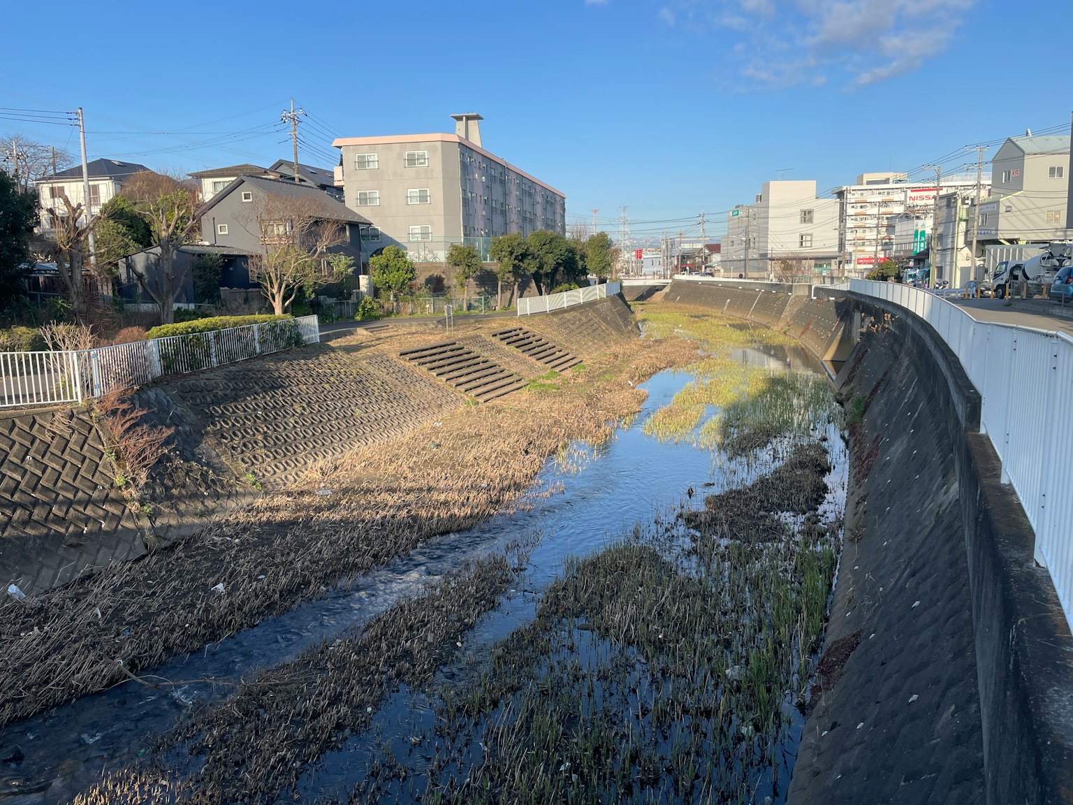 Vue pittoresque d'une rivière sous un ciel bleu avec des bâtiments et de l'herbe sèche