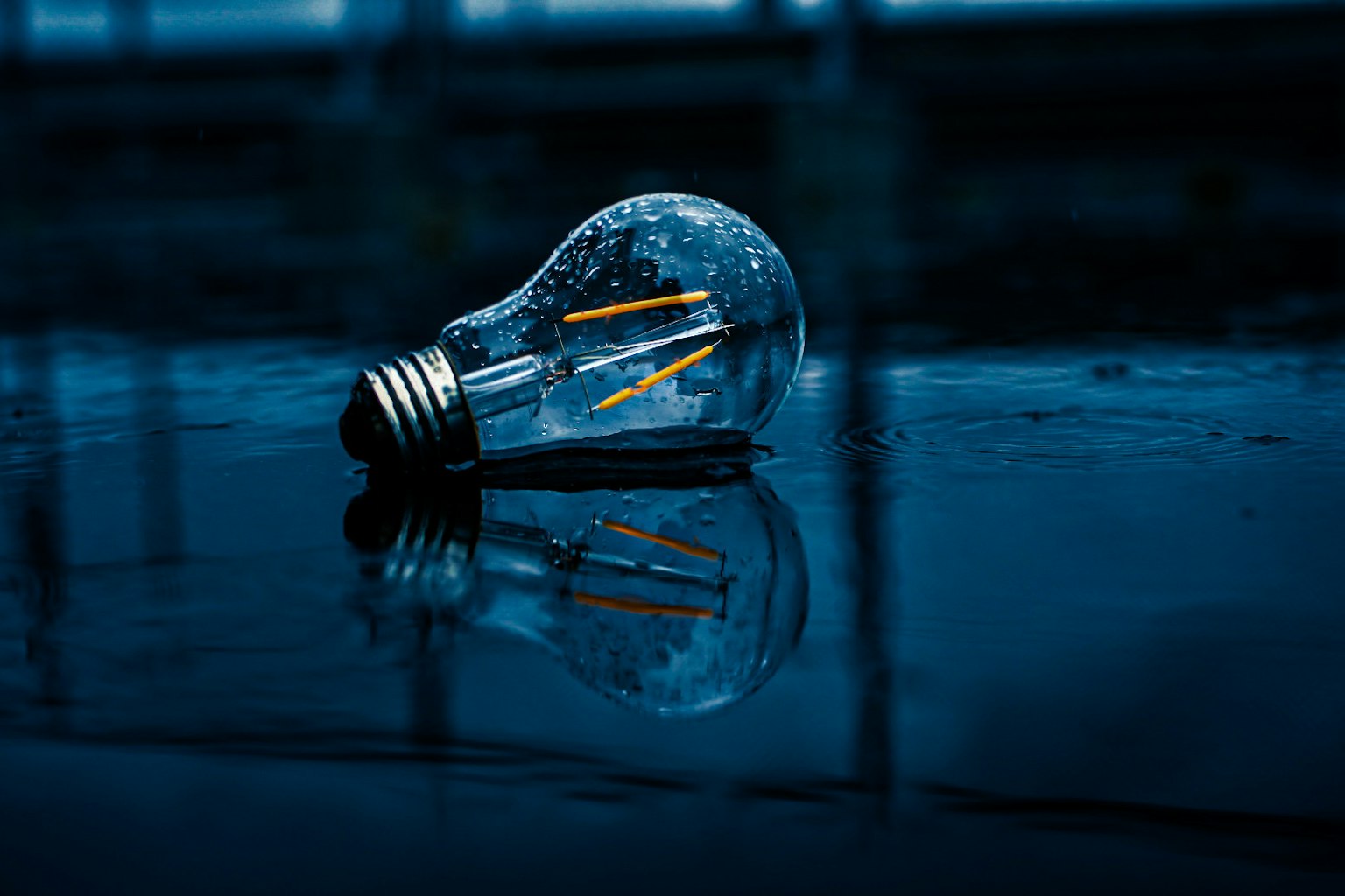Light bulb with water droplets reflecting on a blue surface