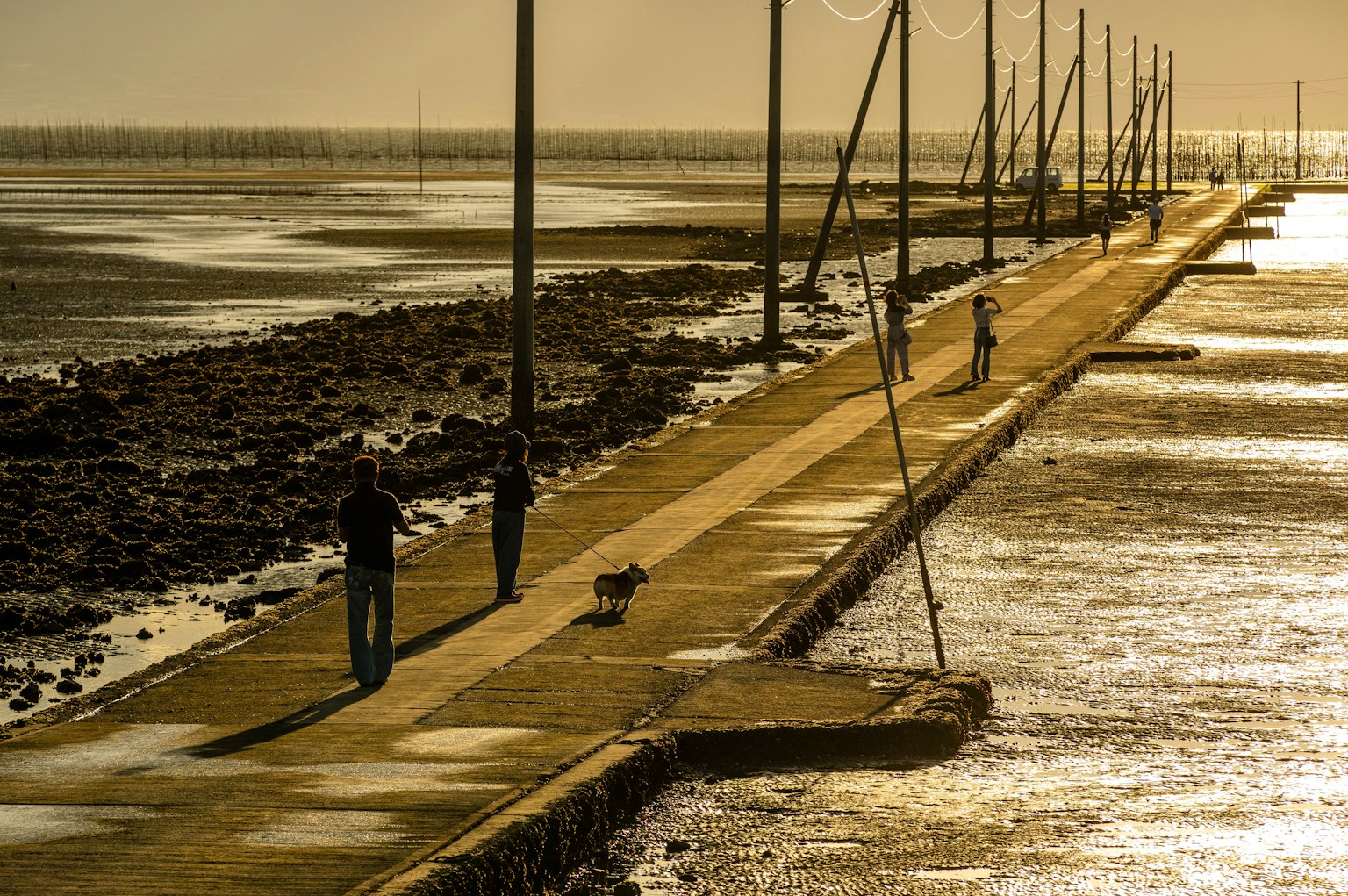People walking along a coastal pathway with a shimmering sea