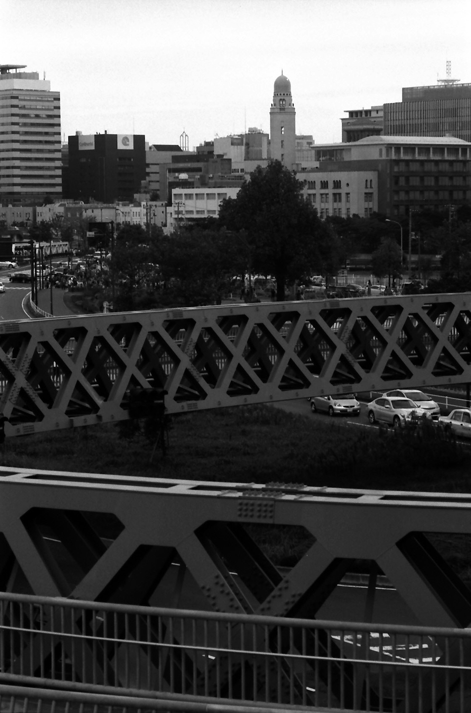 Black and white urban landscape featuring a modern bridge and city buildings