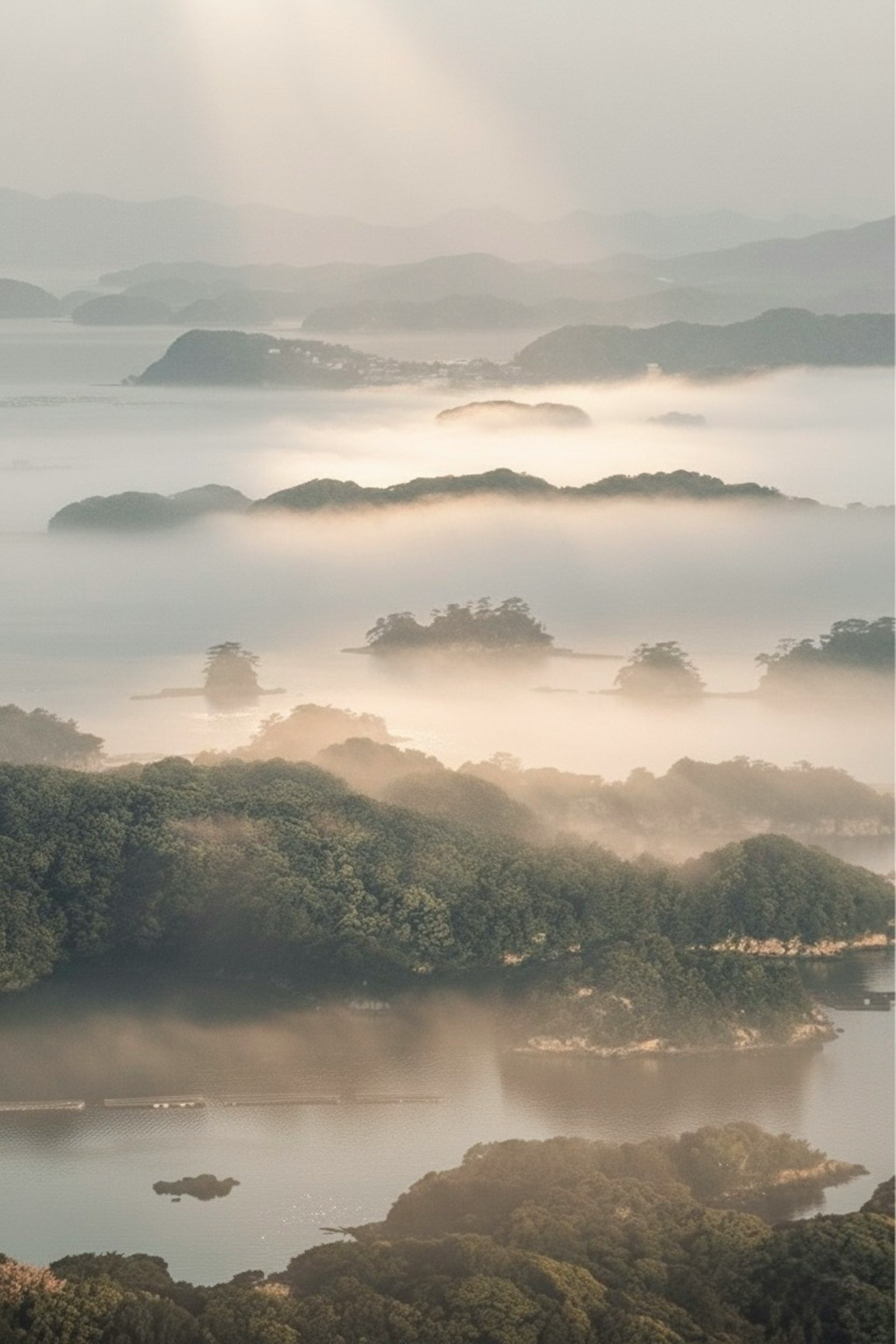 霧に包まれた島々と穏やかな水面の風景
