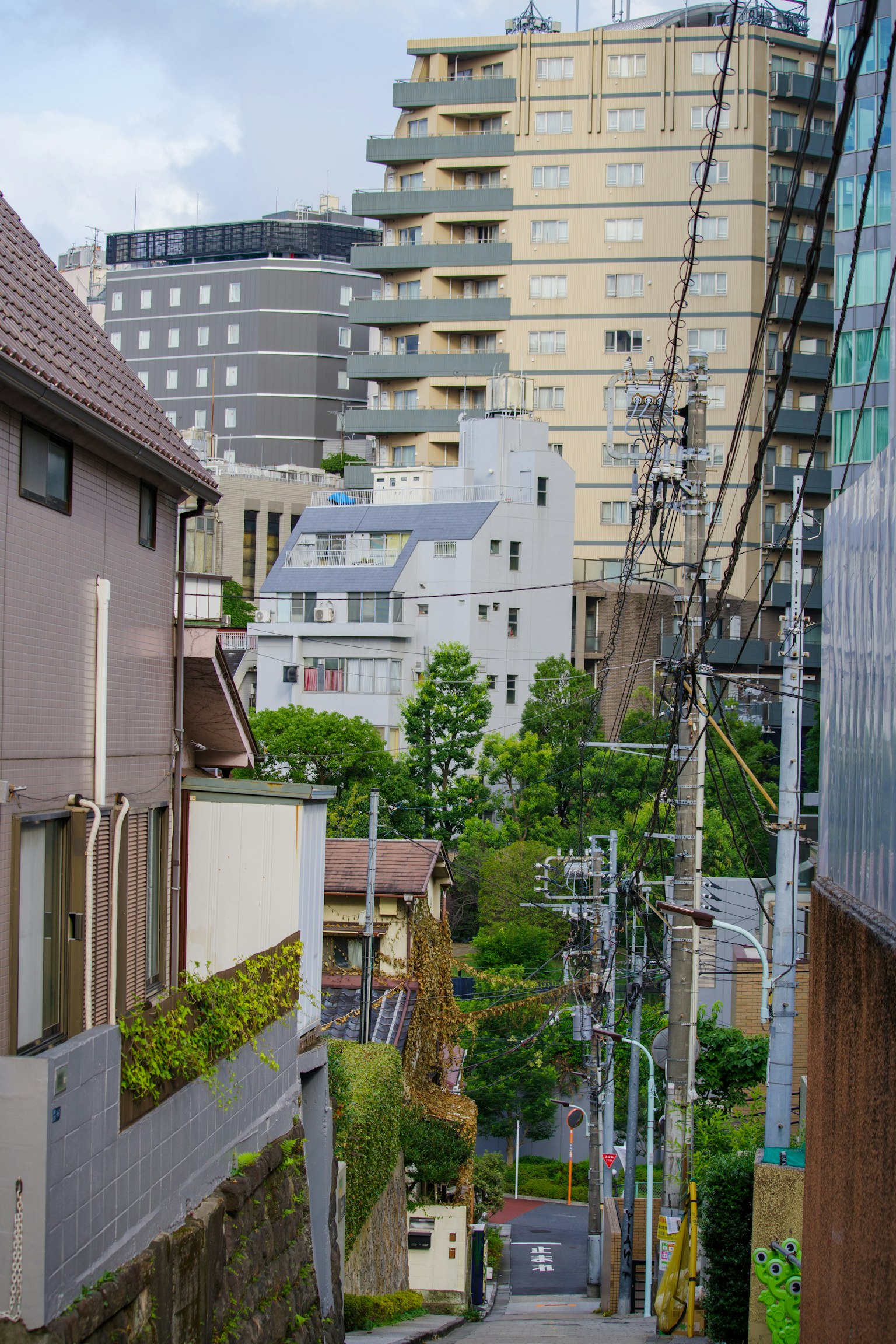 Vue de rue présentant un mélange de maisons résidentielles et de bâtiments de grande hauteur