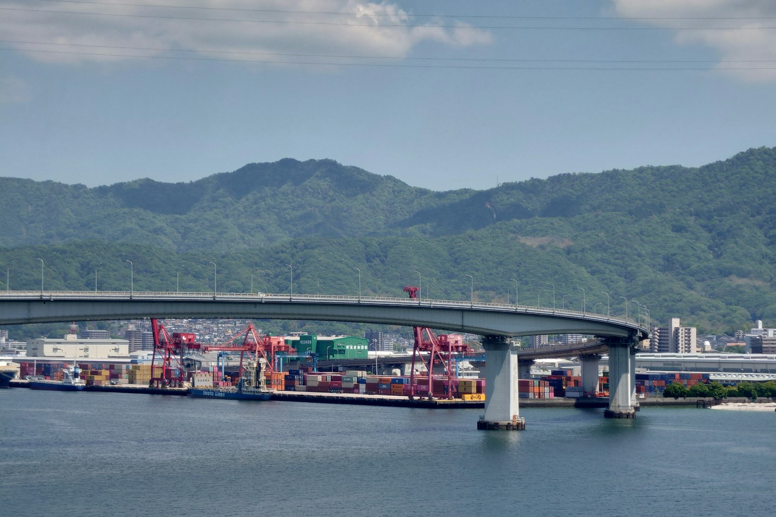 Scenic harbor view featuring a blue sea and a bridge with container ships and mountains in the background