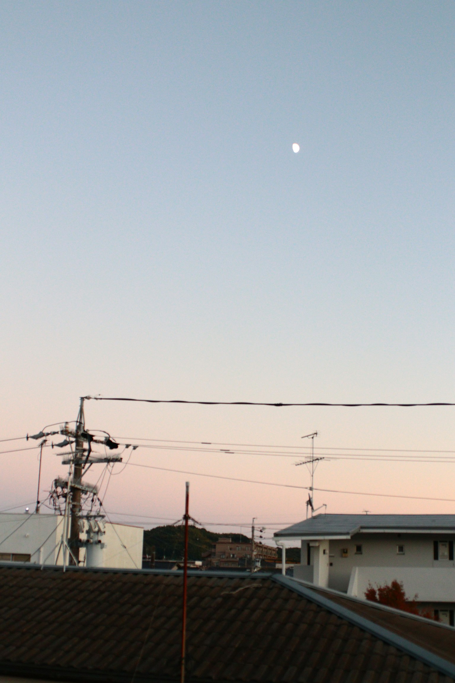 Ciel du crépuscule avec une lune visible et des lignes électriques
