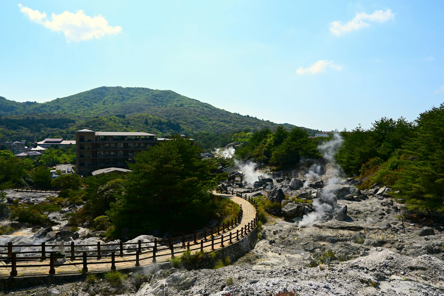 溫泉區的風景，蒸氣從山上升起