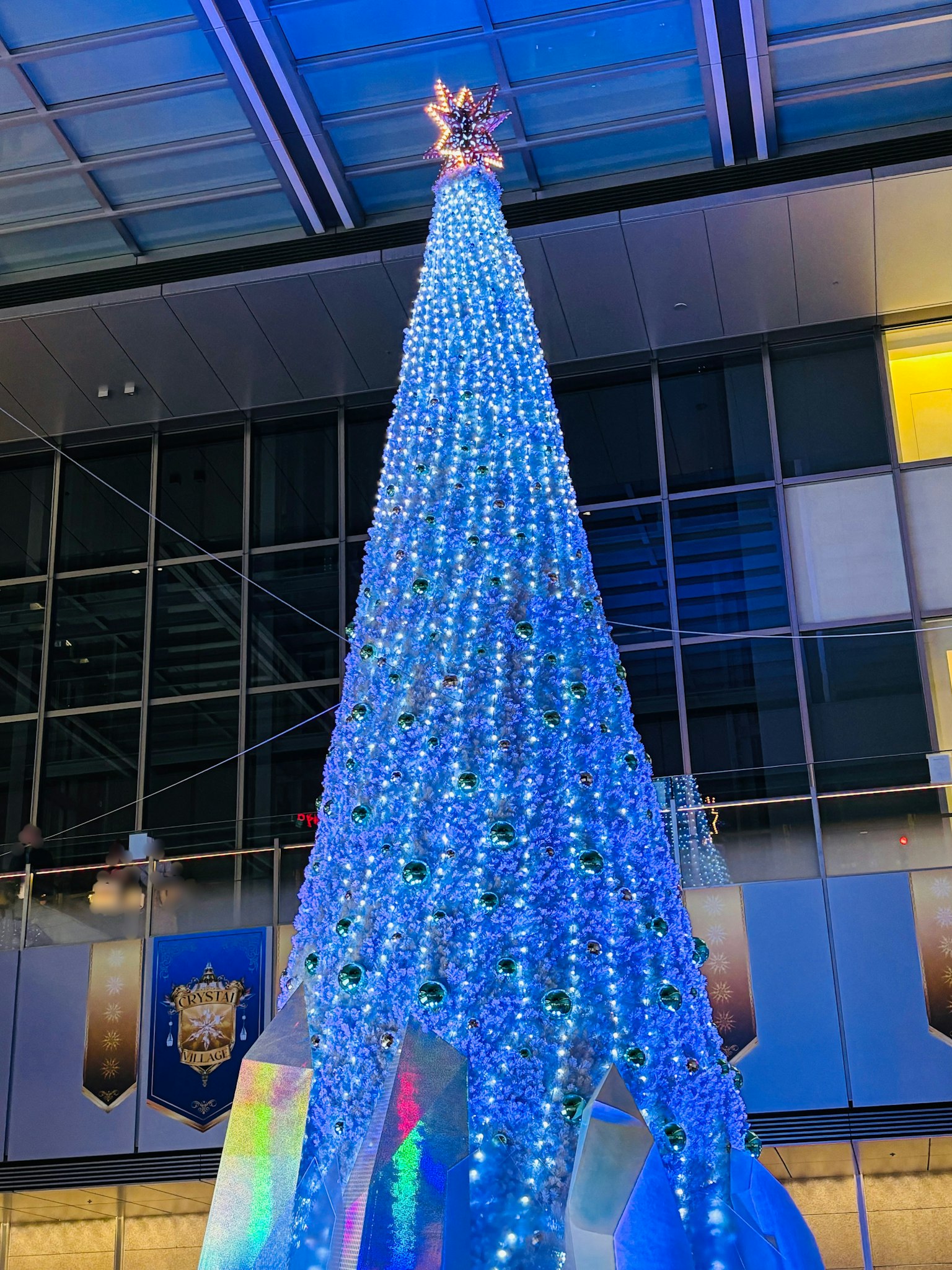Ein hoher Weihnachtsbaum geschmückt mit blauen Lichtern und einem Stern an der Spitze