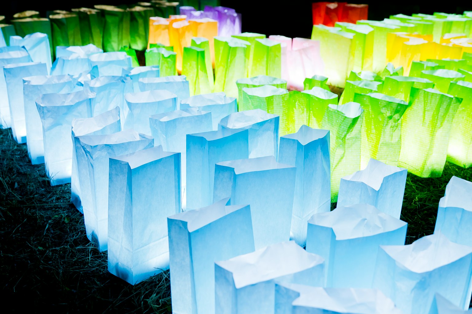 Colorful illuminated transparent blocks arranged in an artistic display