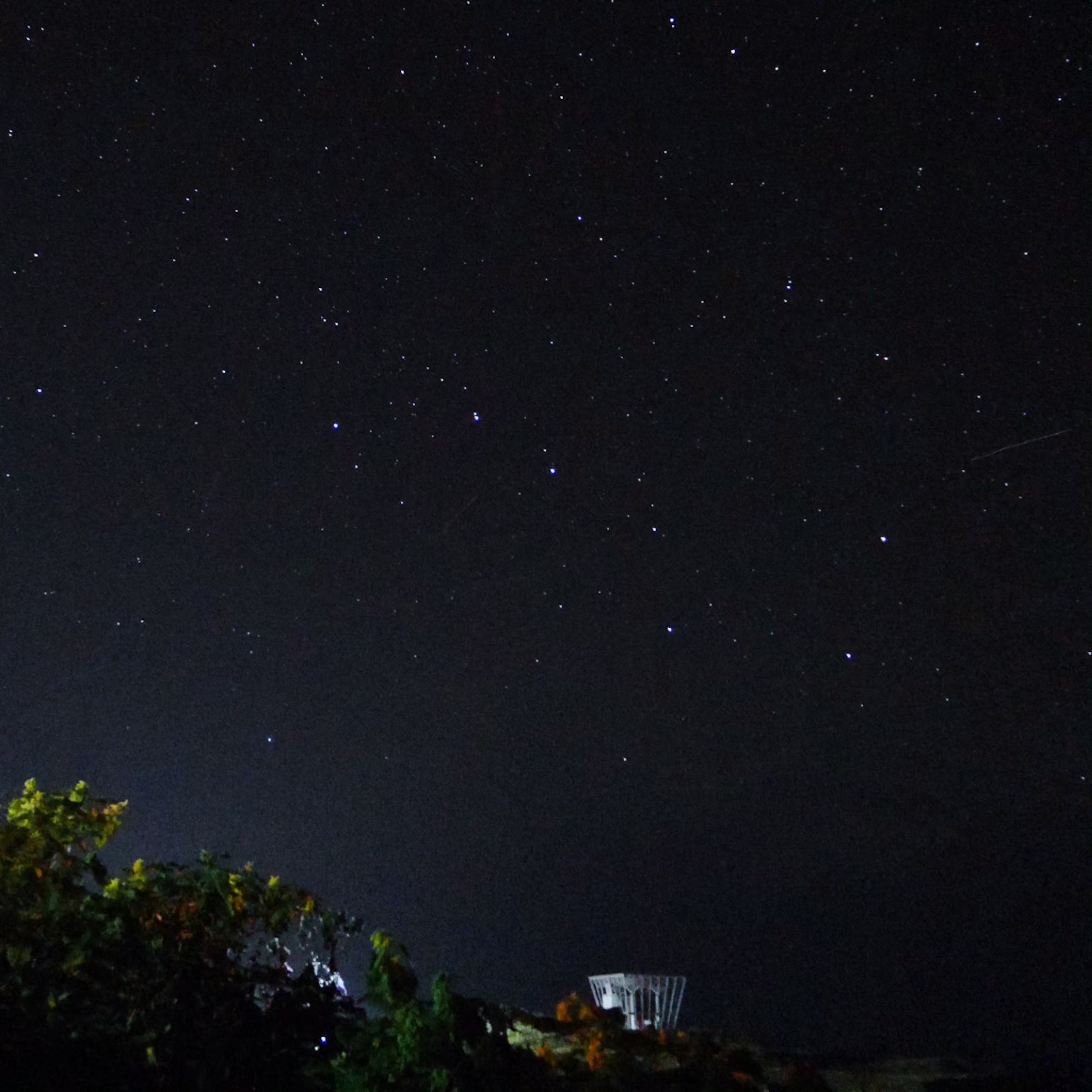 Night landscape featuring a starry sky and coastal silhouette