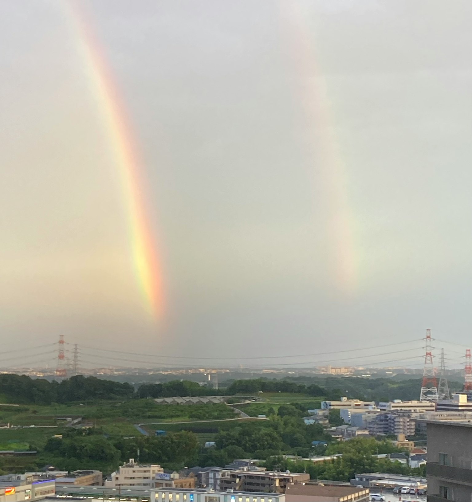 Doppio arcobaleno che si staglia su un paesaggio con colline verdi e vista urbana