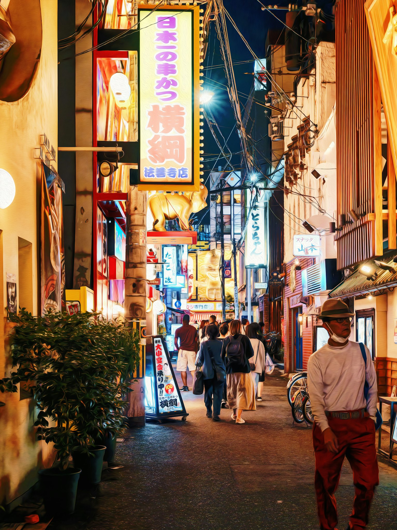 Bustling night street with colorful signs and people walking