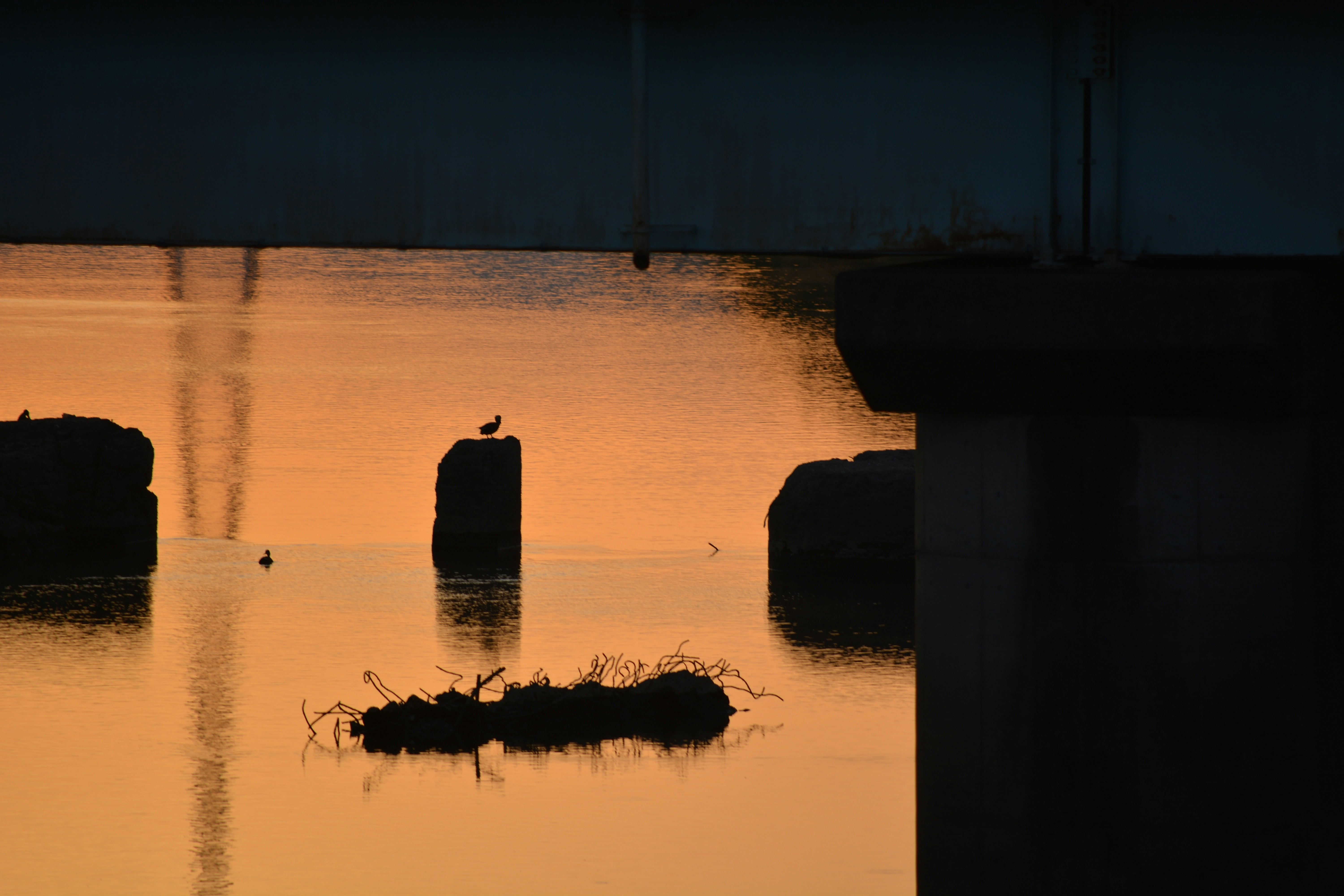 eau au crépuscule avec une petite île flottante et des silhouettes de rivage