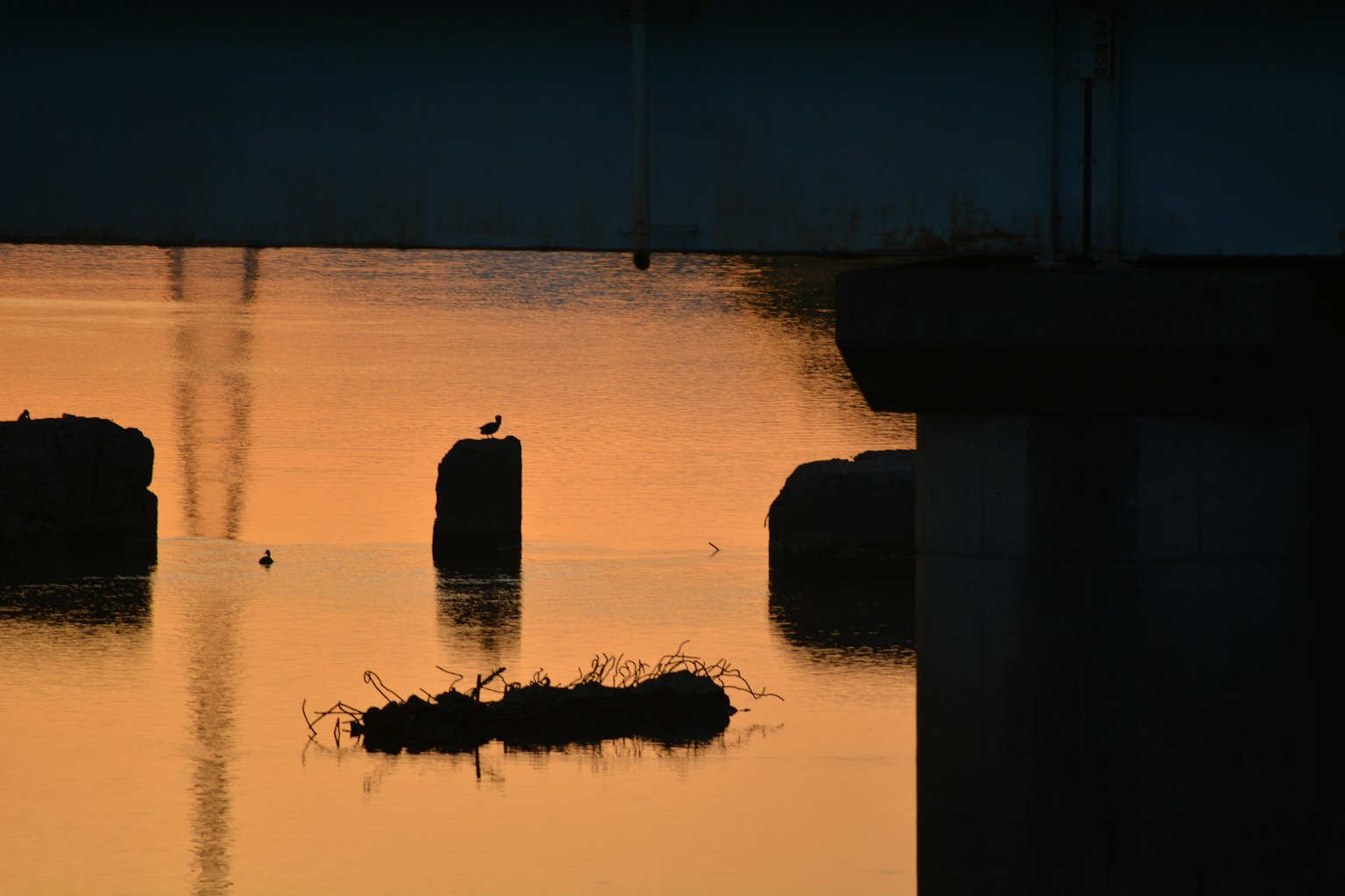 Silueta de rocas y agua debajo de un puente al atardecer