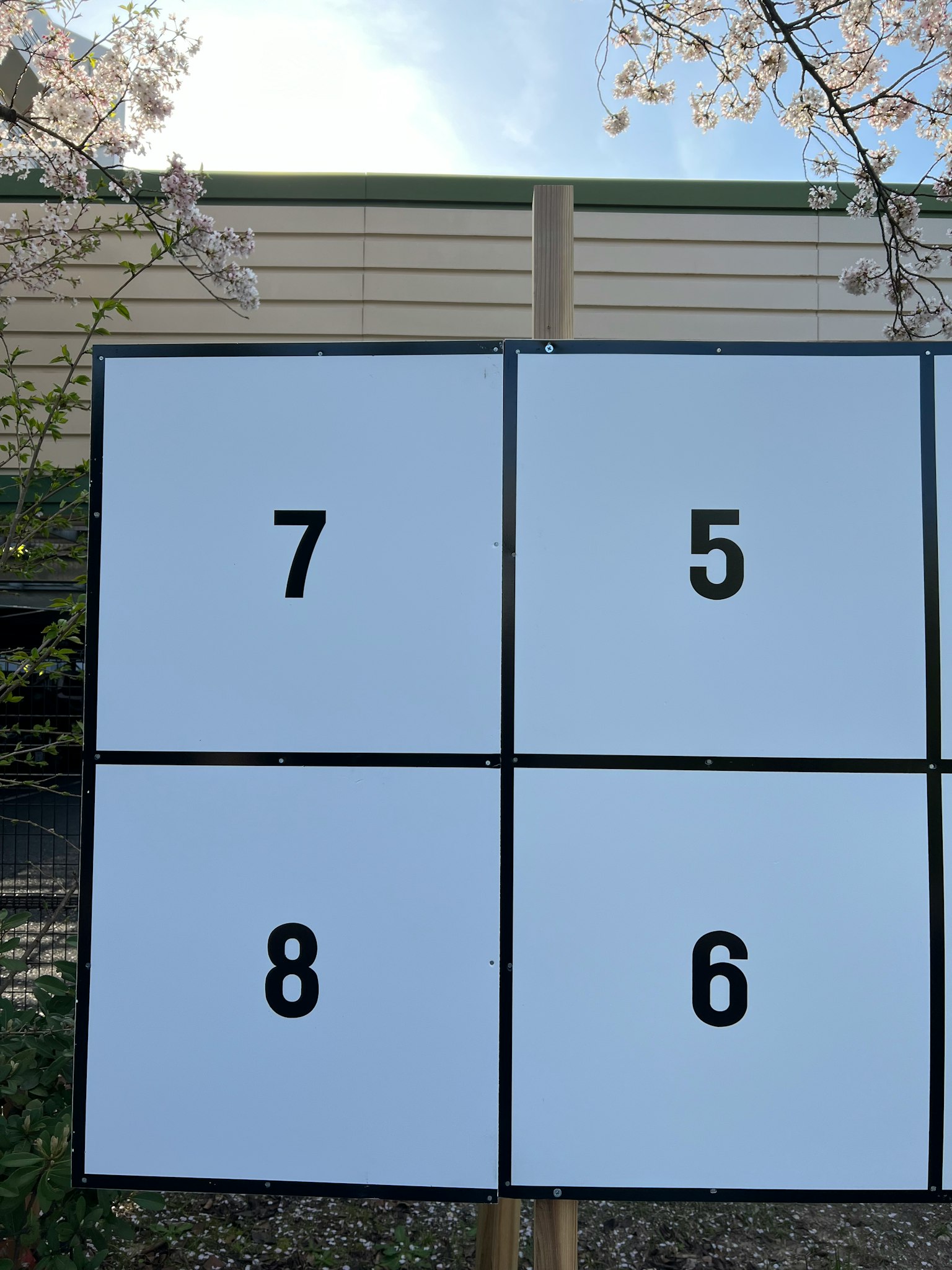 Un pannello diviso in quattro sezioni con i numeri 7, 5, 8 e 6 sotto un albero di ciliegio
