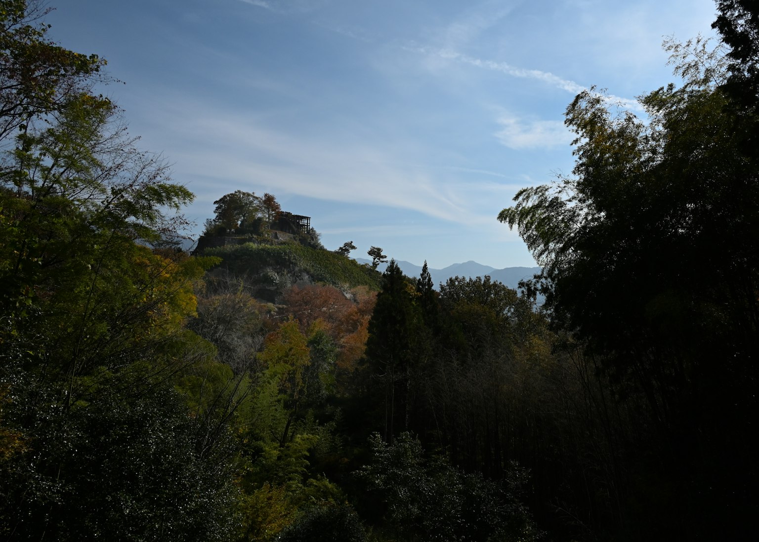 Castello su una collina circondato da foglie autunnali e cielo blu